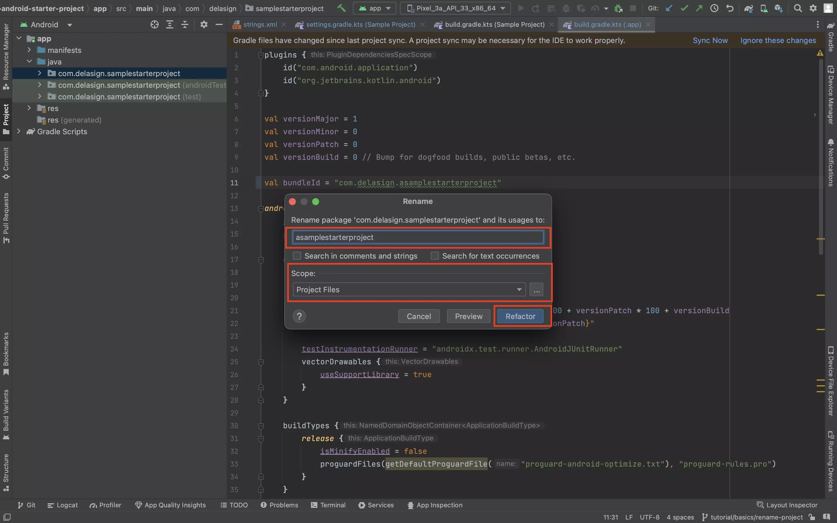 In the top input, enter the bundleId that you used in Step Three. Once you're done, click the refactor button on the bottom right.