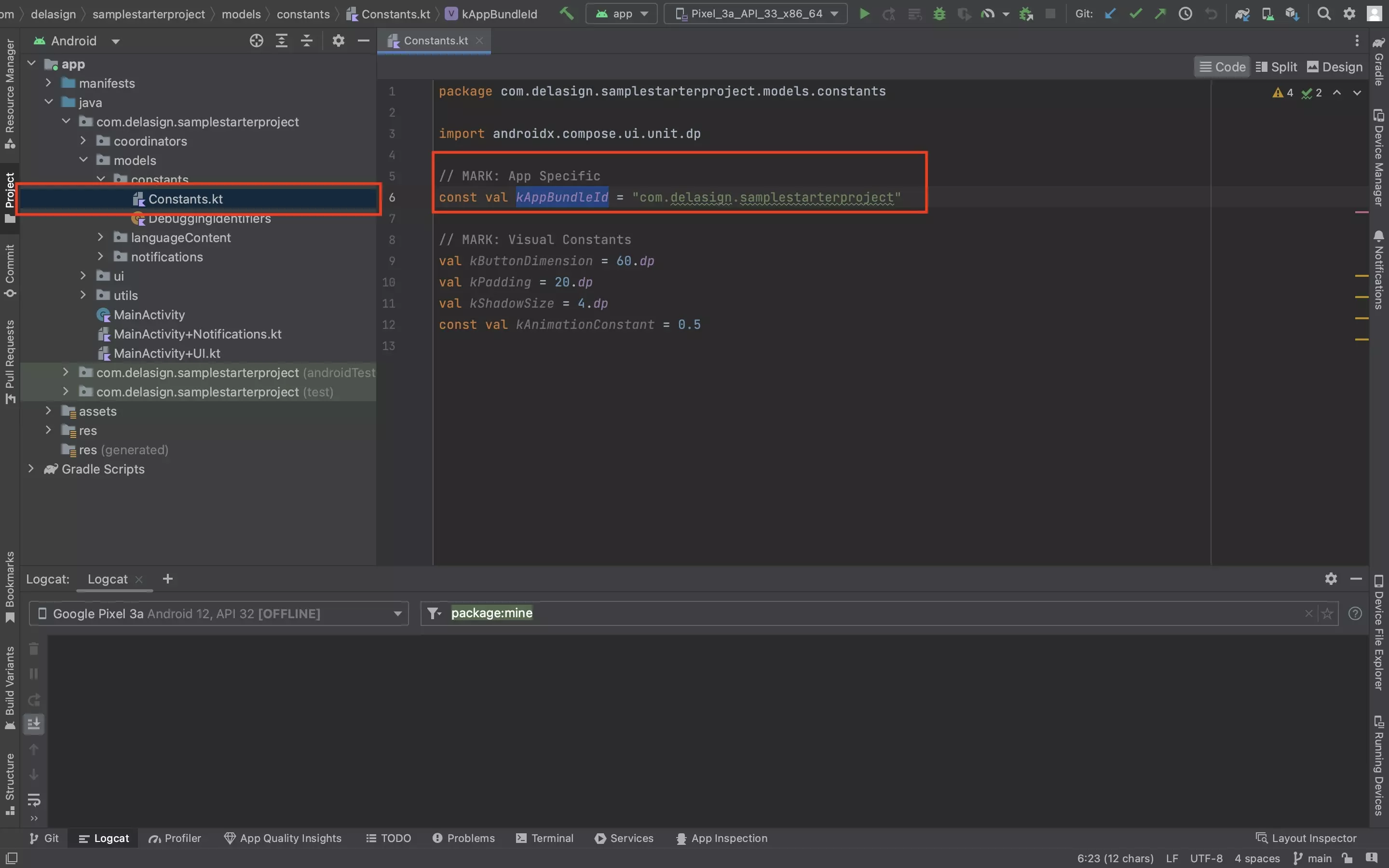 A screenshot of Android Studio highlighting the Constant.kt file and the kAppBundleId. Change this to make sure that the Notifications (Intents) register to your app.
