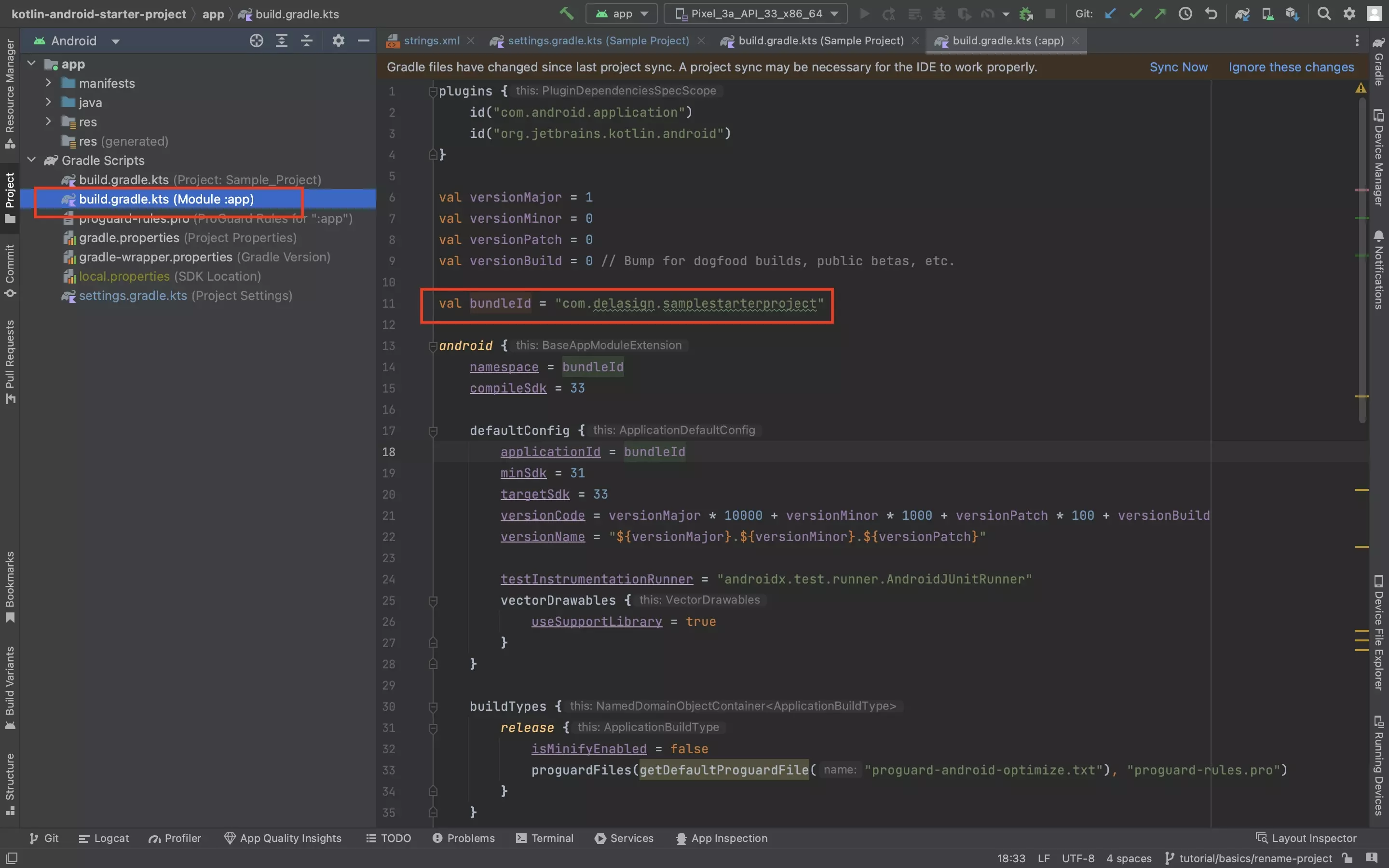 A screenshot of Android Studio showing you how to rename the App Id and Name Space. We have sampled this by creating a "bundleId" value, which is found within the build.gradle.kts file. This has been done to keep things consistent as these are often the same.