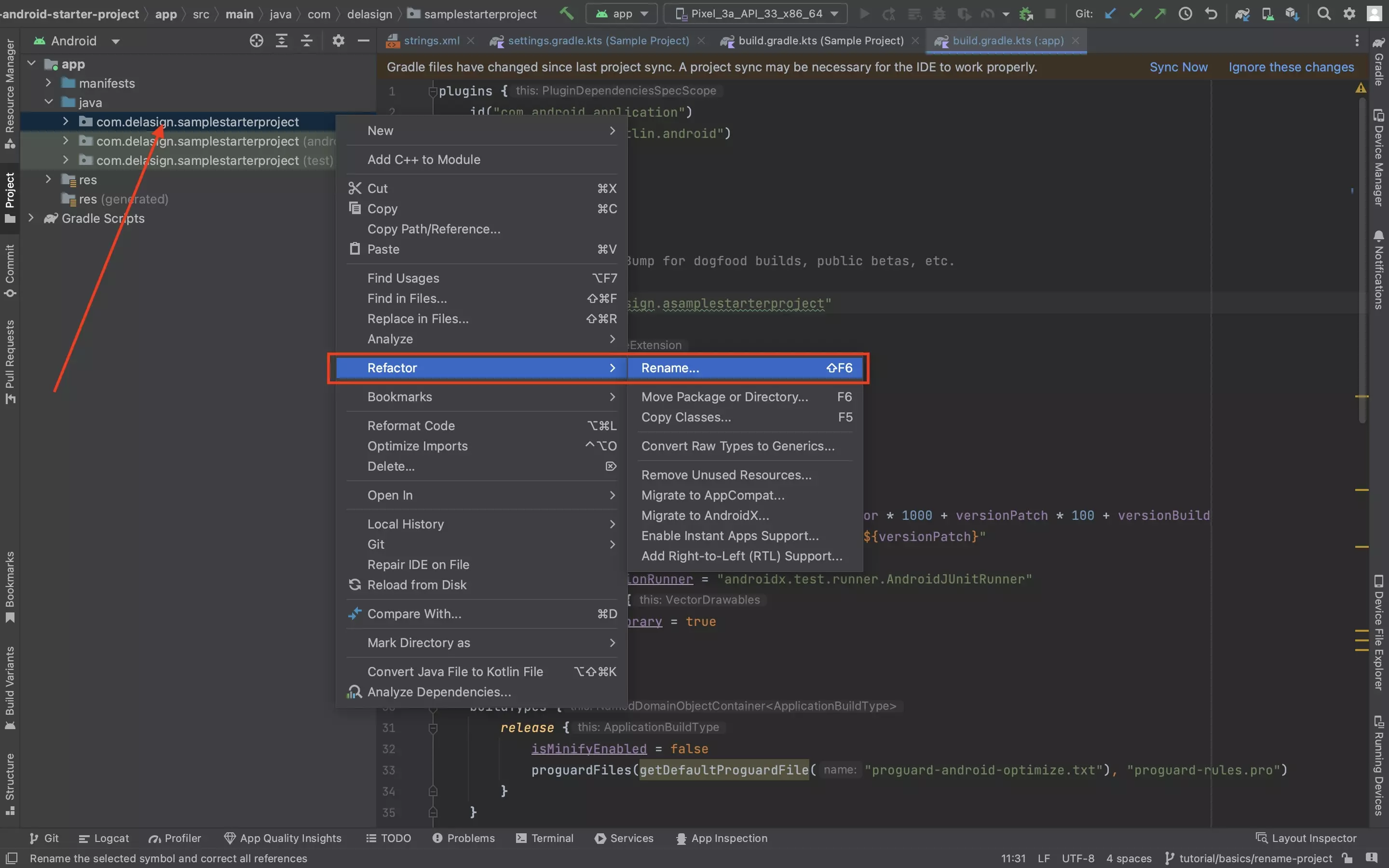 A screenshot of Android Studio showing you how to how to refactor the project names. Please select the top folder within the Java folder and refactor it.