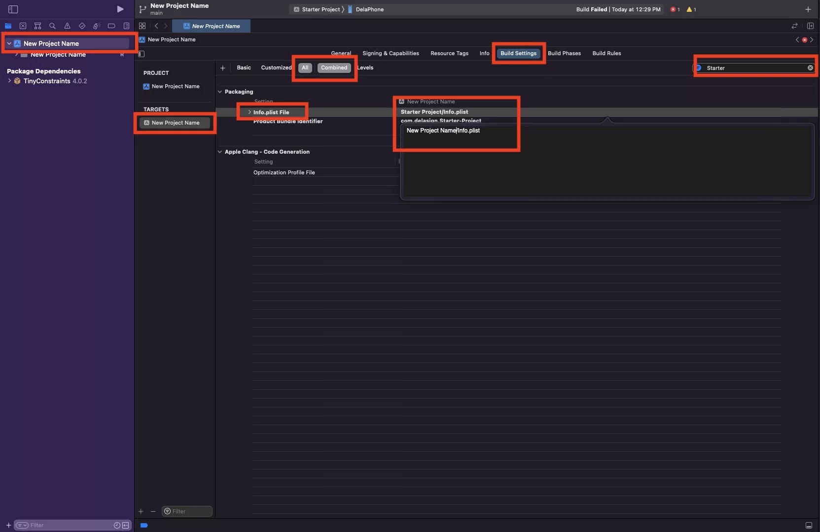 A screenshot showing you how to rename your info.plist path.