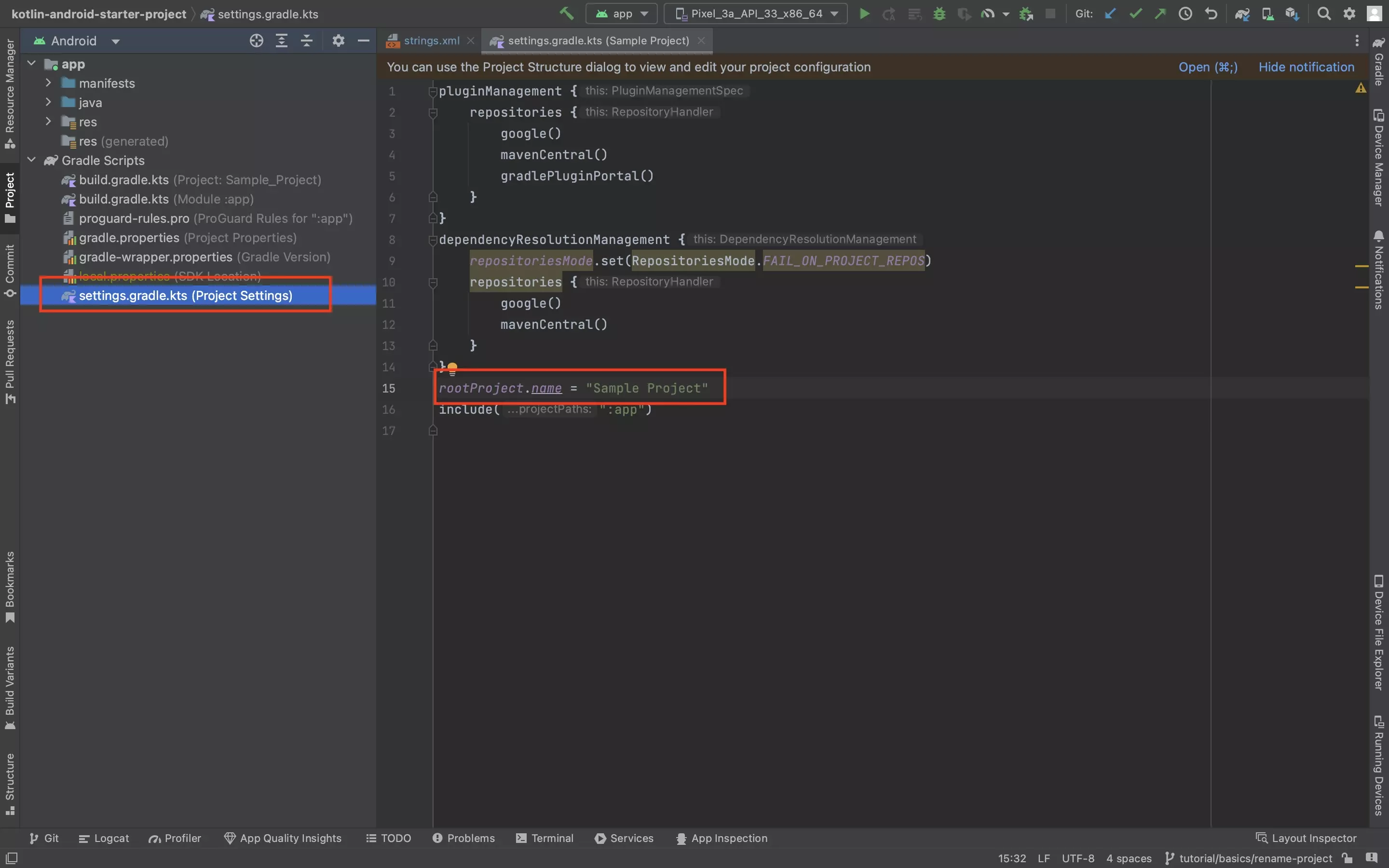 A screenshot of Android Studio showing you how to rename the root project name. This is found in the settings.gradle.kts file, within the Gradle Scripts.