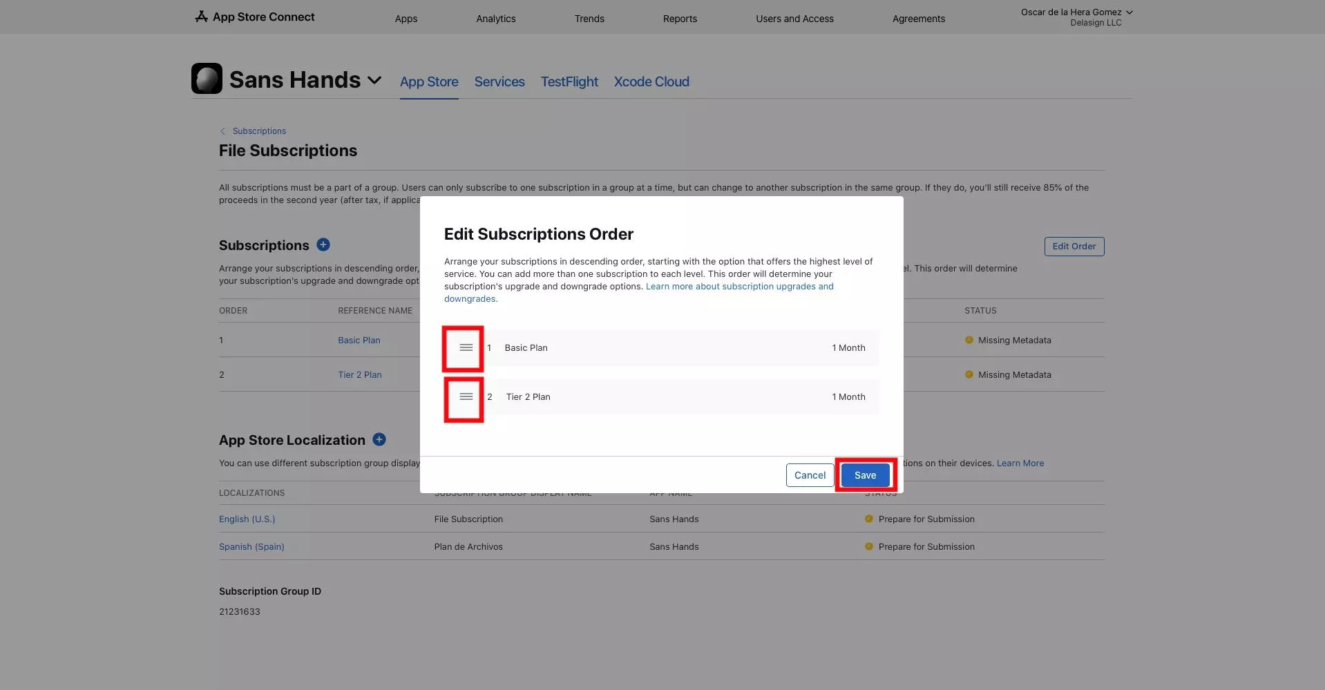 A screenshot of the App Store Connect, Edit Subscription Order Modal with a highlight on the handles that appear next to the subscription names which allow you to reorder the subscriptions. Additionally, after reordering them, the Save button highlighted on the bottom right becomes enabled and must be clicked in order to save your changes.