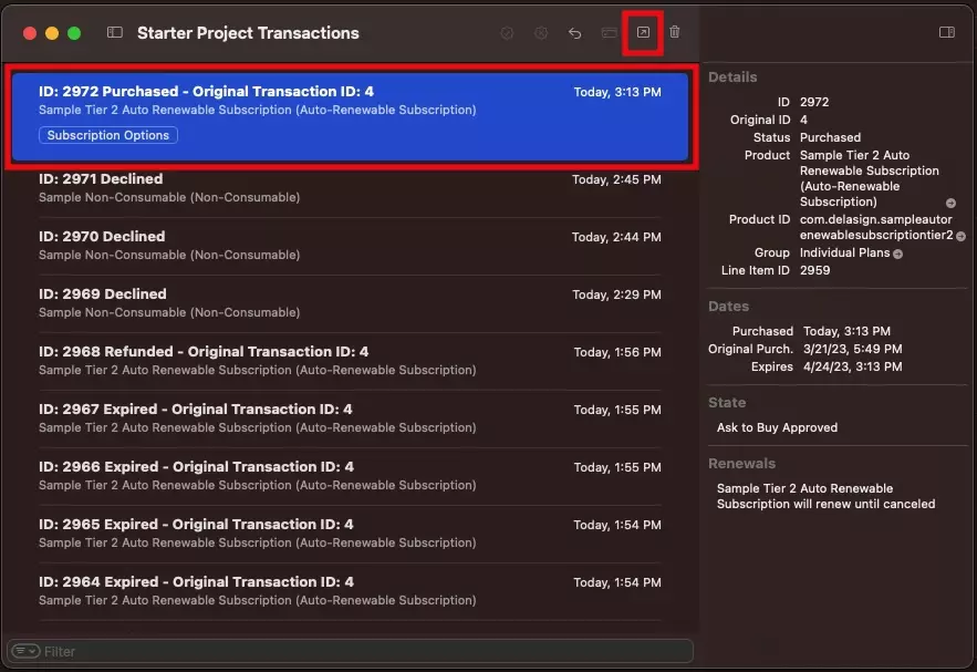 A screenshot of the Xcode StoreKit Transaction Manager. Highlighted is a purchased auto-renewable subscription. We have highlighted the ↗ icon which allows you to request a price increase consent for the subscription that you have selected.