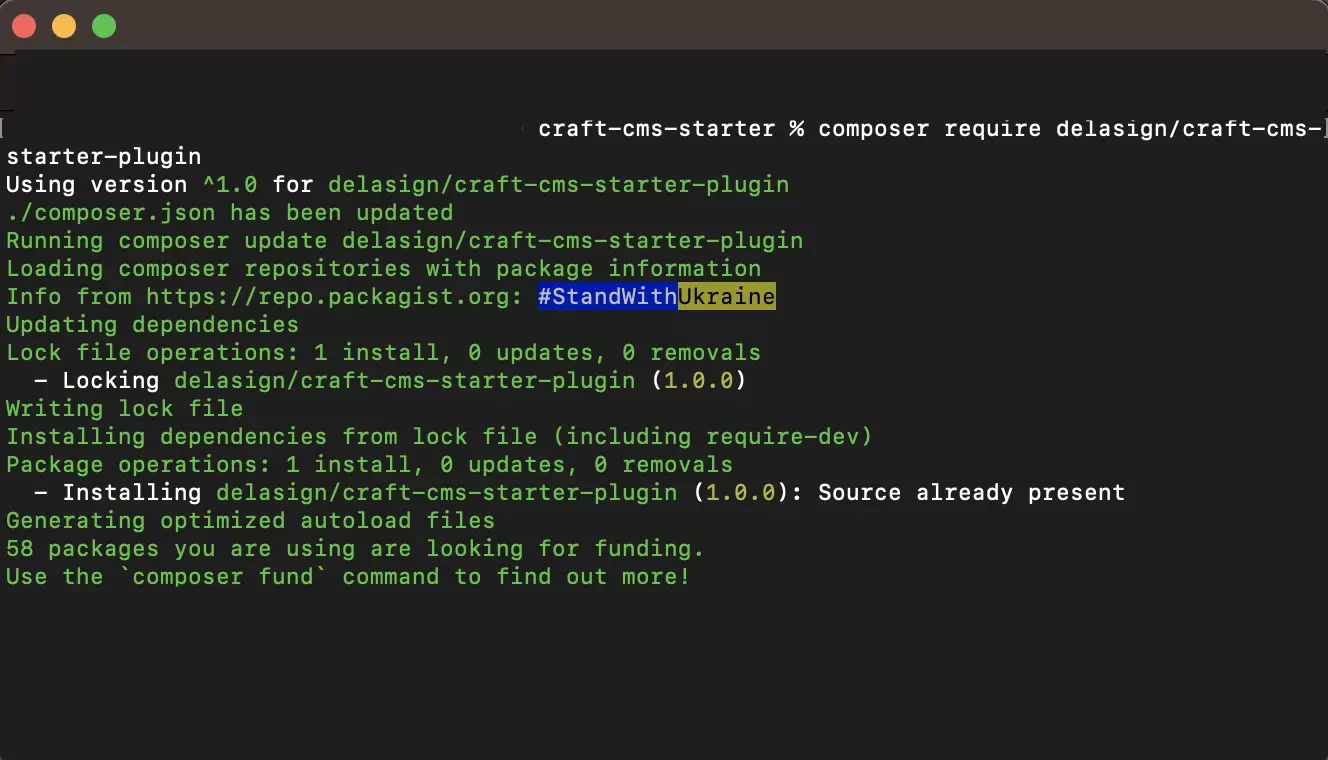 A screenshot of terminal after running the composer require package/name for the plugin built on this tutorial.