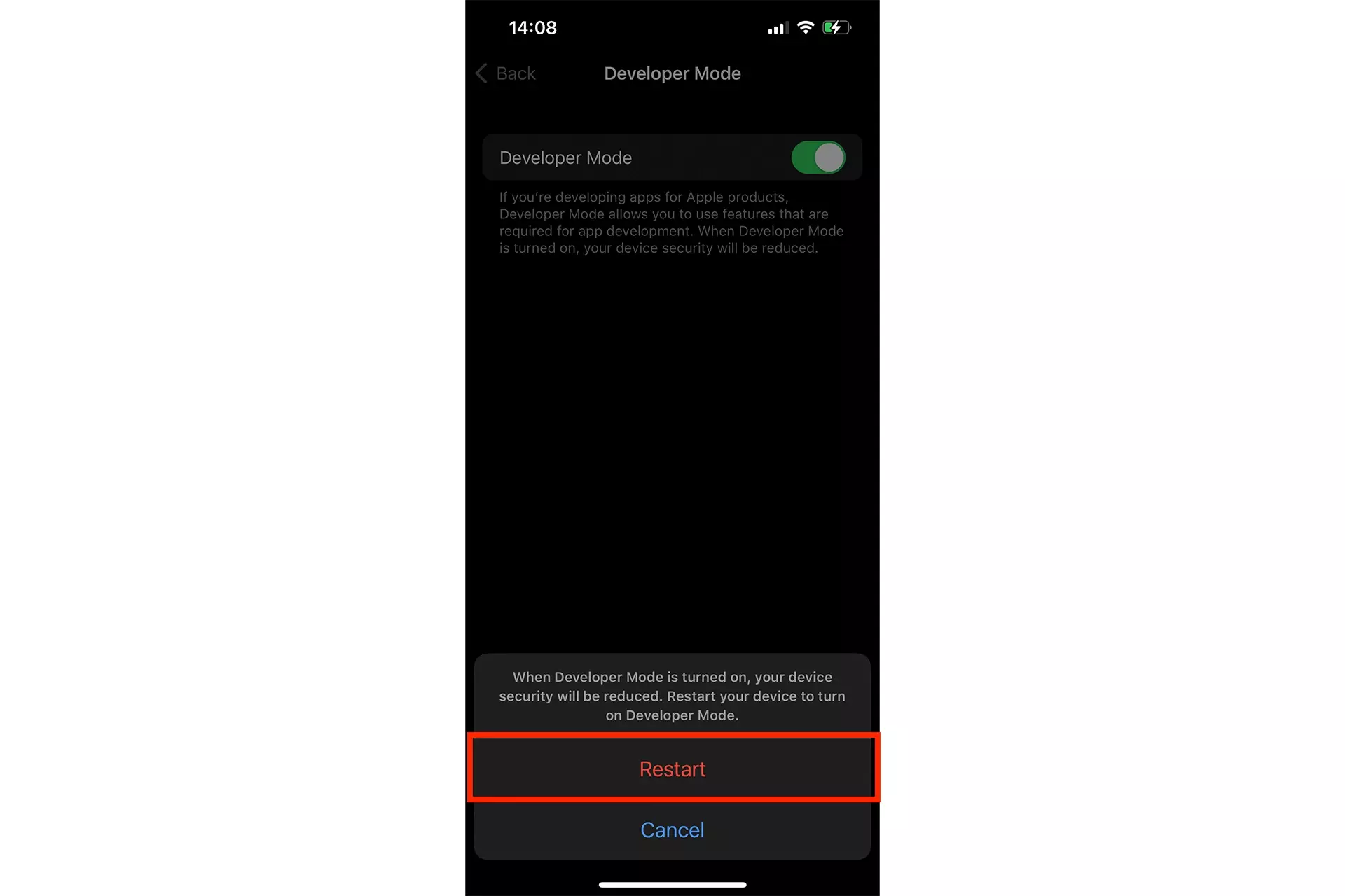 A screenshot of the Developer Mode view within the Settings app, demonstrating the modal that appears after you turn on developer mode. This modal includes two options "Restart" or "Cancel." We have highlighted "Restart."