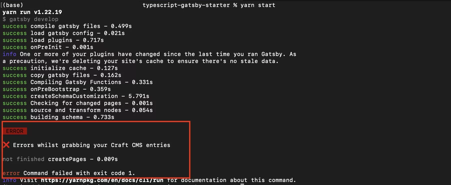 A screenshot of Terminal showing the build failing with an error and terminating the build.