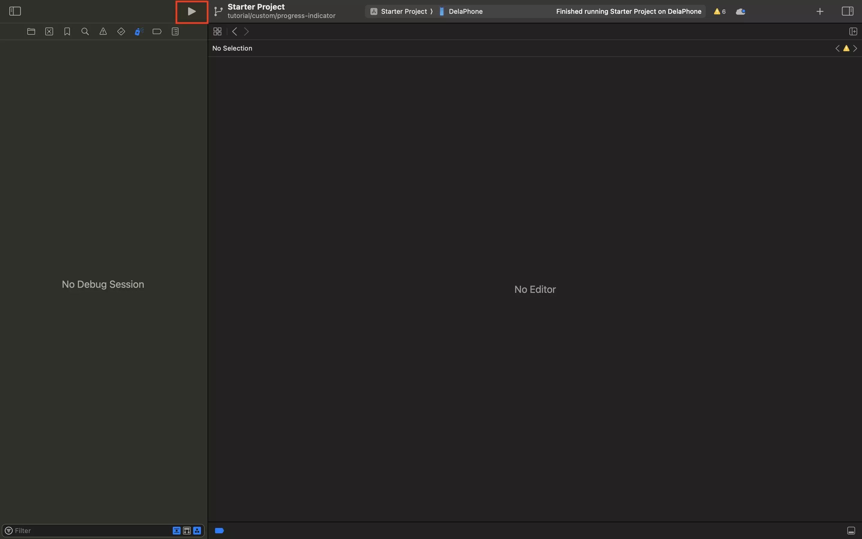 A screenshot of XCode highlighting the run button on the top center left.