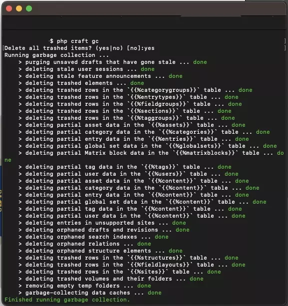 A screenshot of Terminal showing you what happens when you force garbage collection on a hosted Craft CMS.