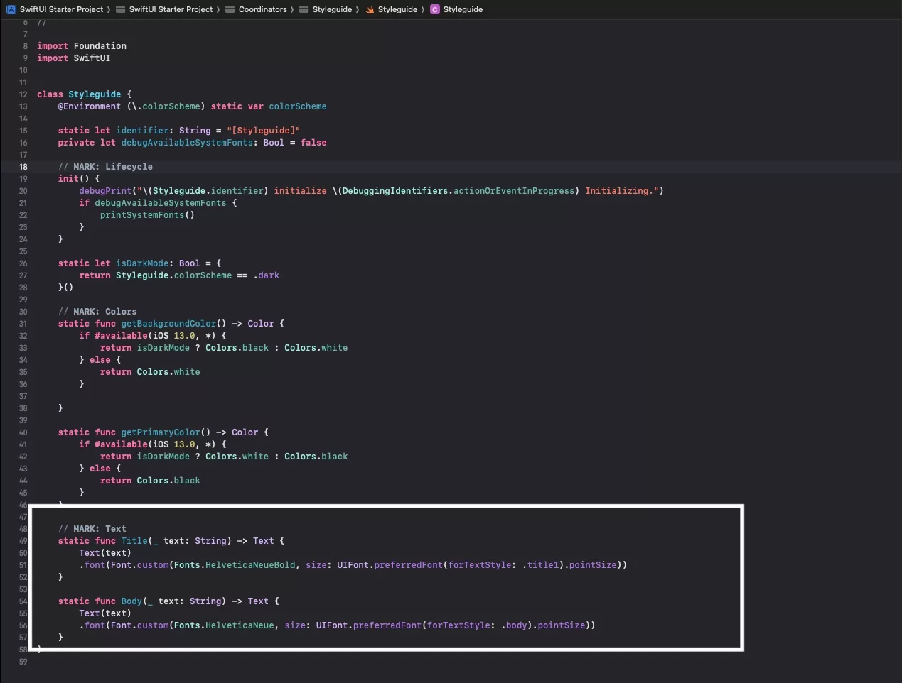 A screenshot of the Styleguide highlighting how all the styles are now in one file.