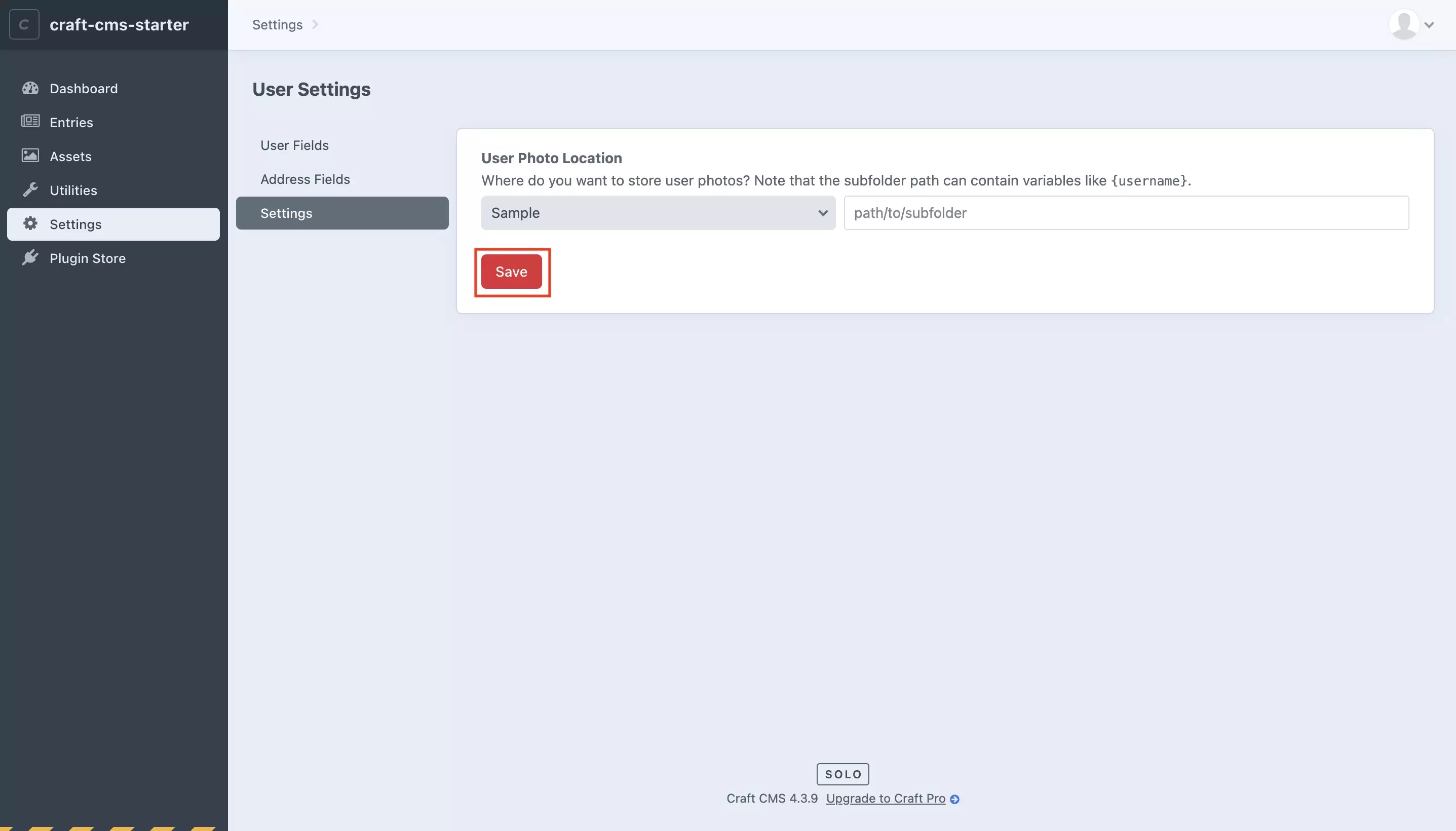 A screenshot of the Craft CMS User Settings, Settings page. Highlighted is the Save button. Press this to save the volume that you selected in the prior step and move on to the next step.