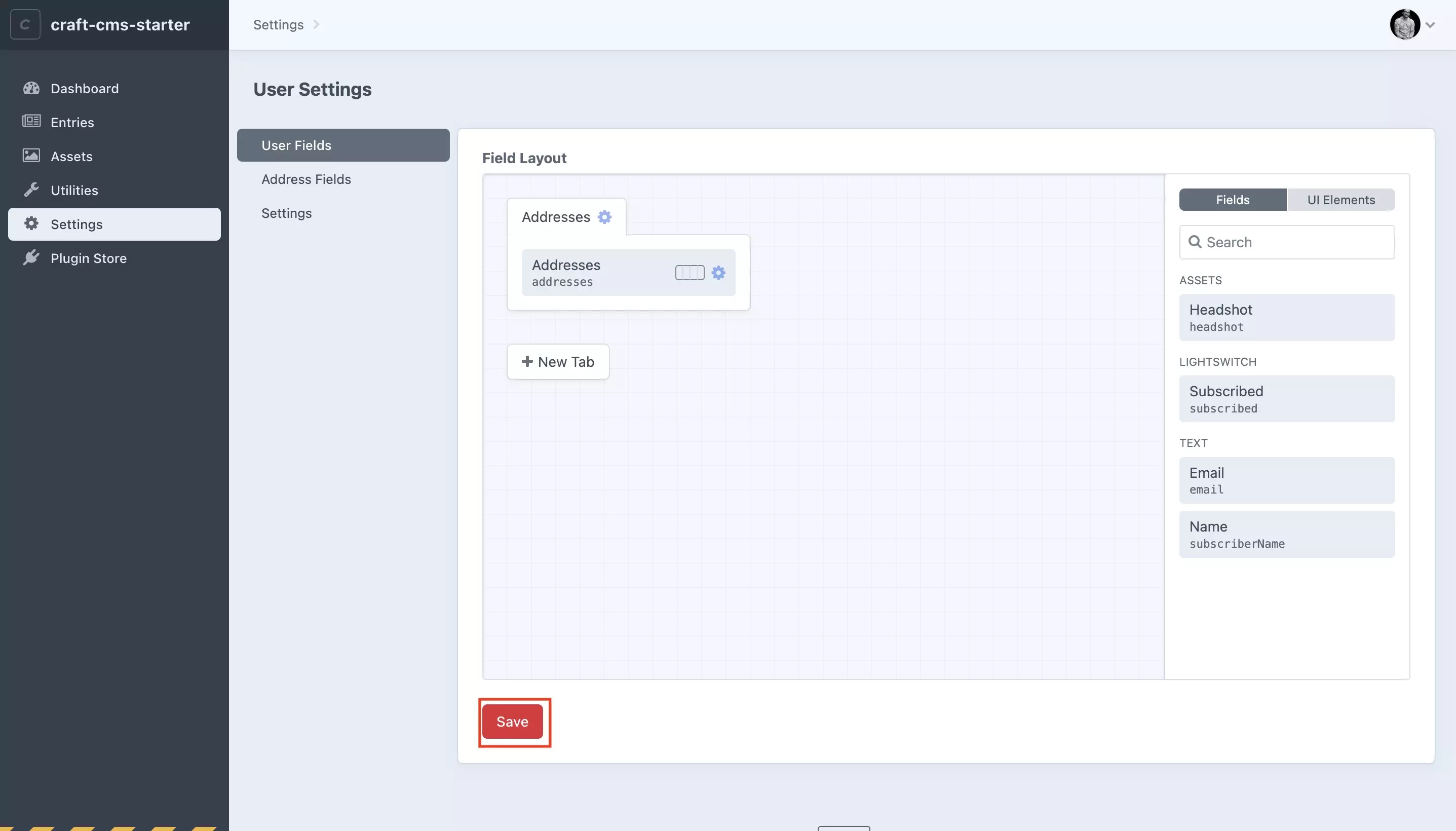 A screenshot of the Craft CMS User Settings page, with the User fields tab selected. Fields have been added to the tab that we created and highlighted is the Save button on the bottom left, which must be pressed to save the changes.