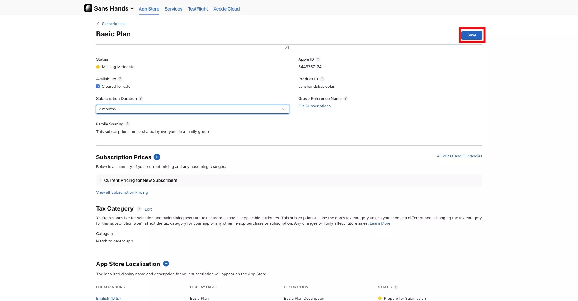 A screenshot of an App Store Connect Subscription Details Page with a highlight on the Save button on the top right, which becomes after after you change the duration.