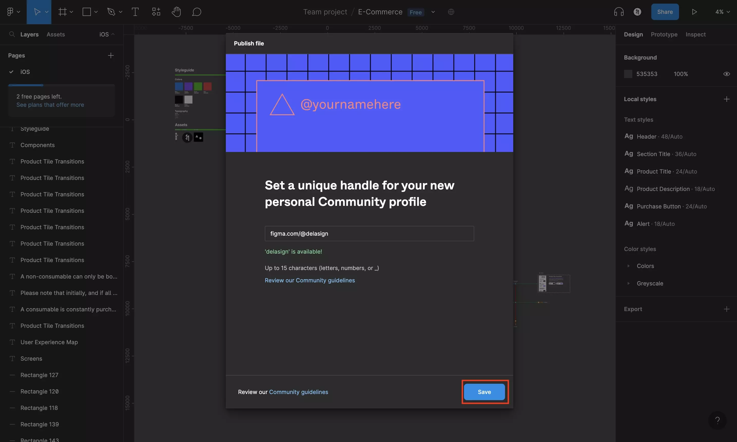 A screenshot of the modal that appears in Figma that allows you to set your handle. The term Handle is a term that is used describe a way for people to find your profile. Enter the handle you wish to use, and if it's free the Save button on the bottom right will become enabled. Click Save, after you have a valid handle to continue.