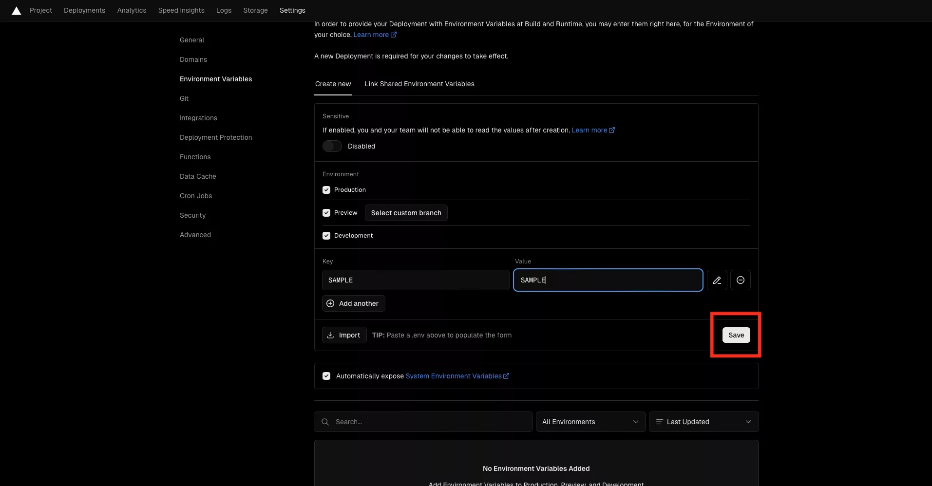 A screenshot of Vercel showing the environment variables page. A new environment variable has been added. Highlighted below it is the "Save" button.