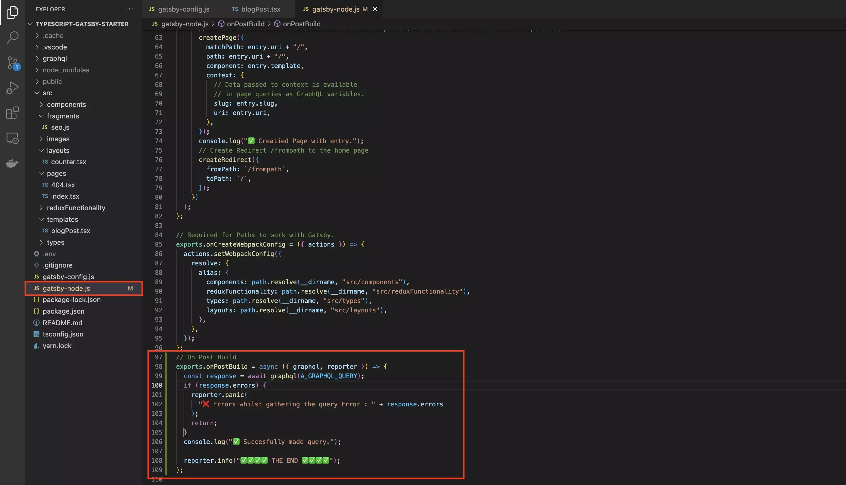 A screenshot of VSCode showing the Gatsby-node.js file selected and the script provided below at the bottom of the file.