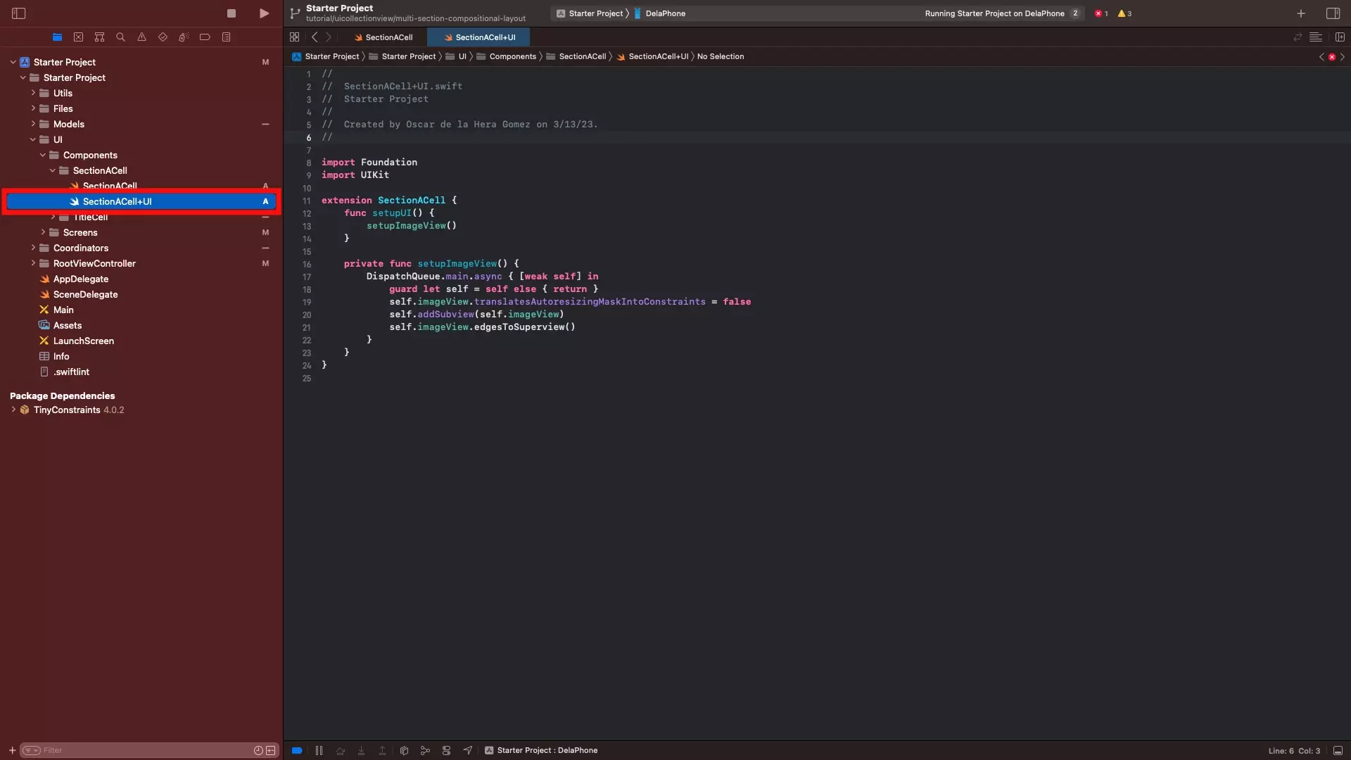 A screenshot of the SectionACell+UI.swift file.