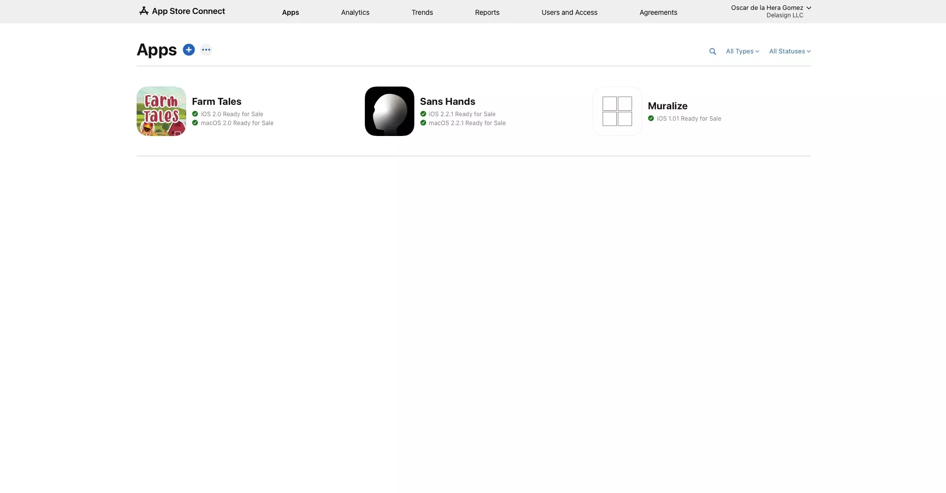 A screenshot of the delasign App Store Connect "My Apps" page, showing the apps we have on the market.