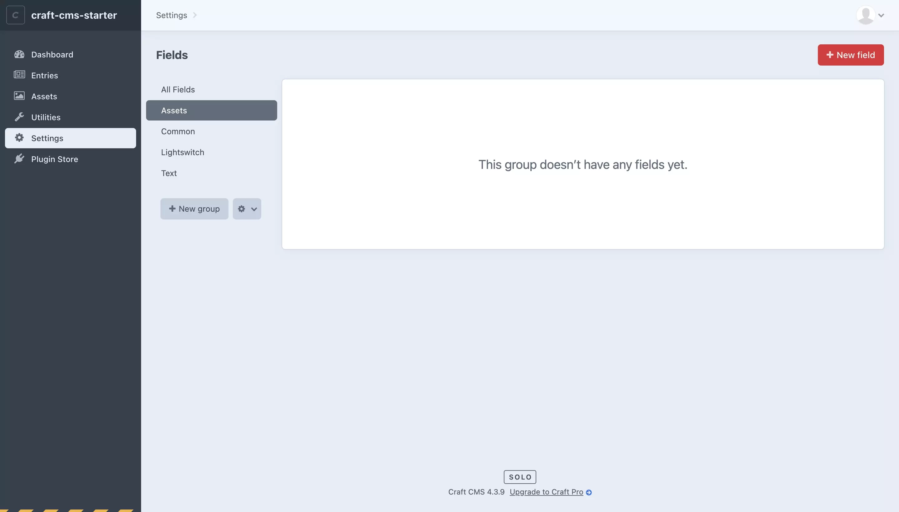 A screenshot of the Craft CMS Fields page with the Asset group selected.