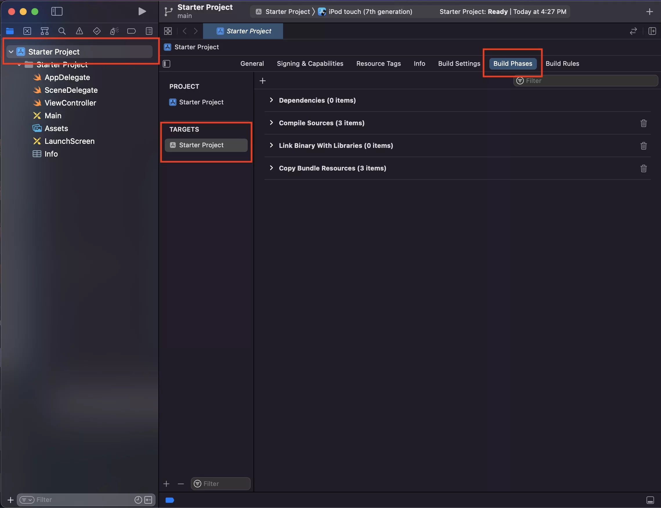 A screenshot showing you how to navigate to 'Build Phases' on your Xcode project.