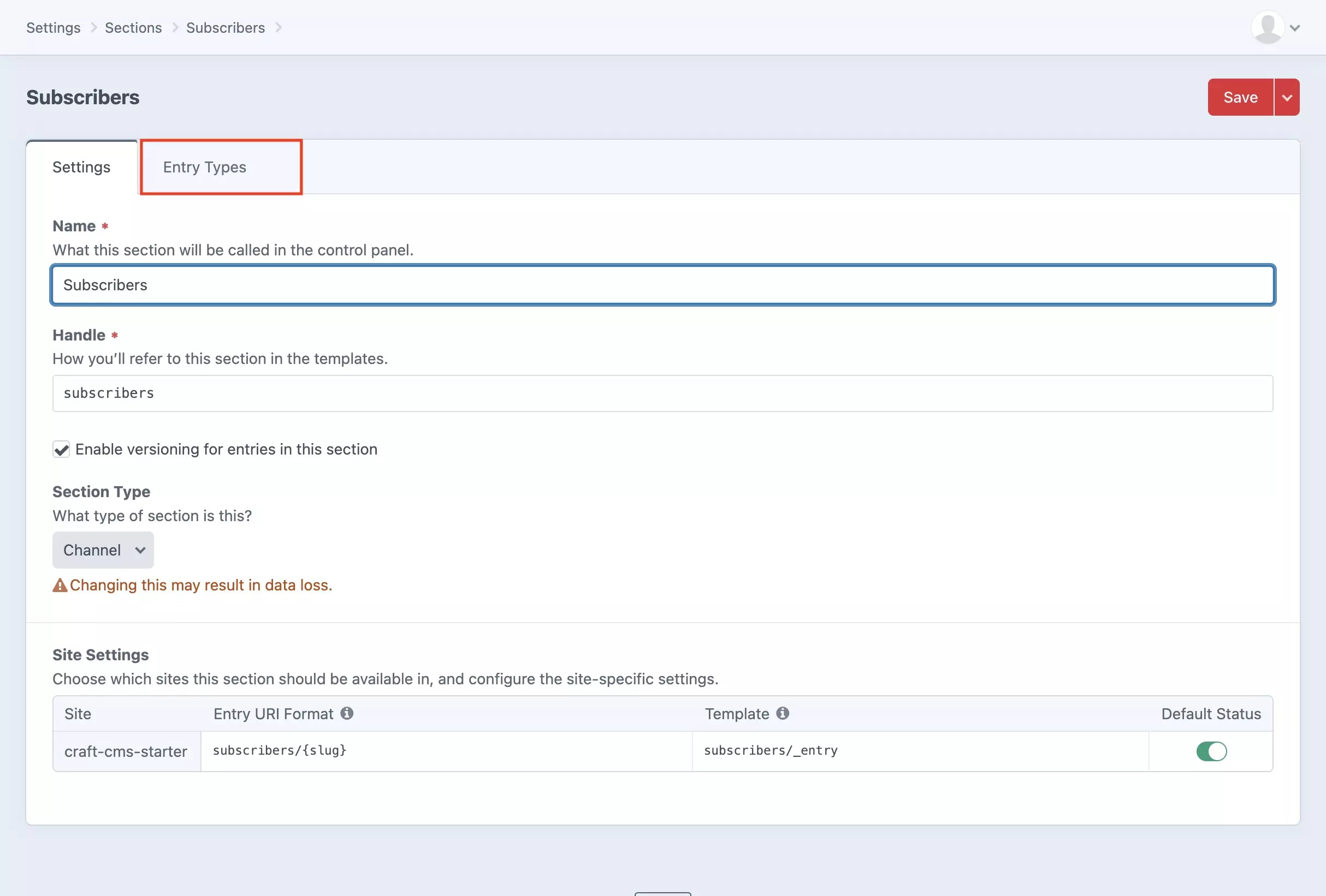 A screenshot of the Subscriber section screen with a highlight on the Entry Types tab.