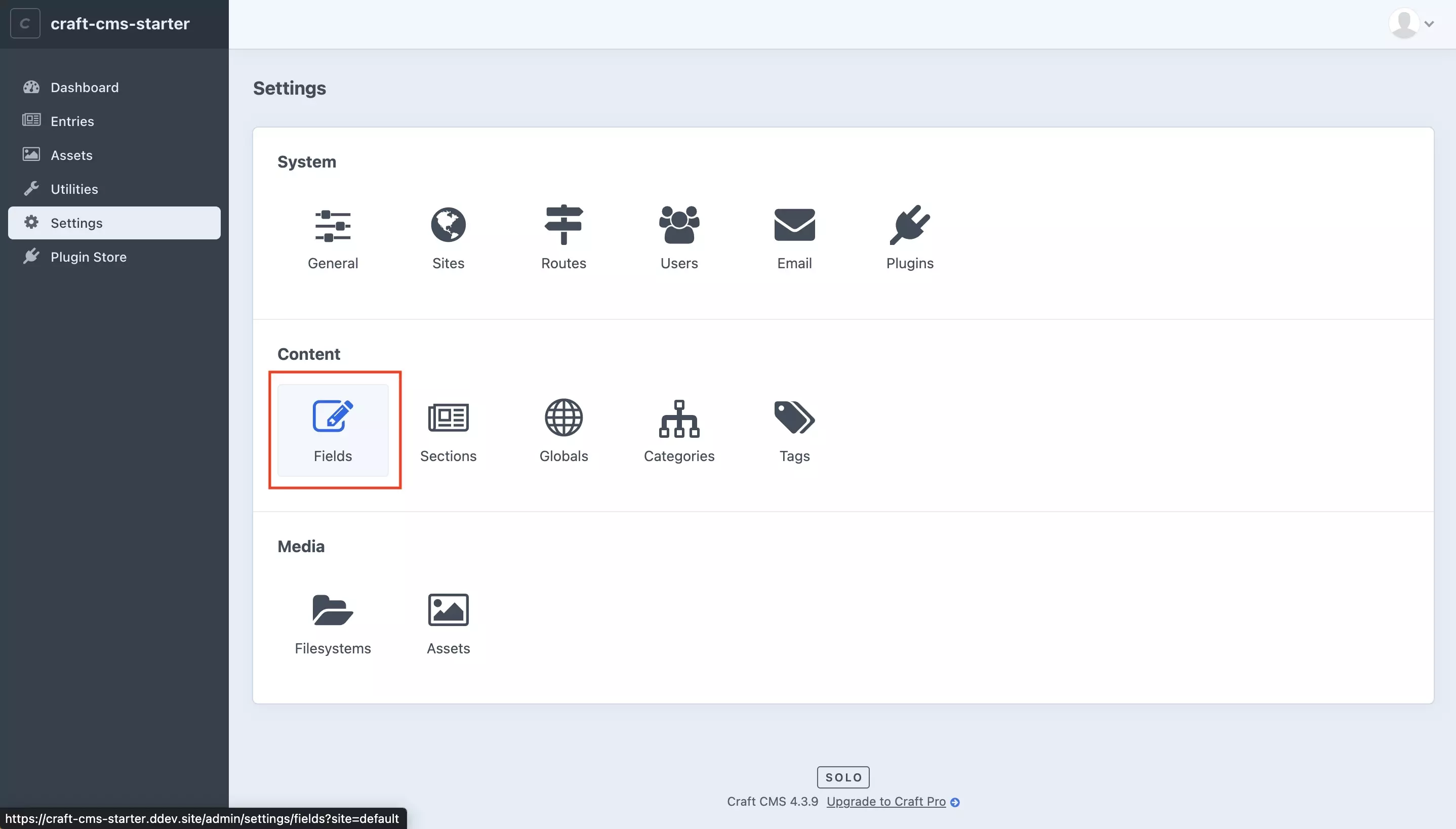 A screenshot of the Craft CMS Settings page with a highlight on the Fields tile under Content. Press the Fields tile and move onto the next step.