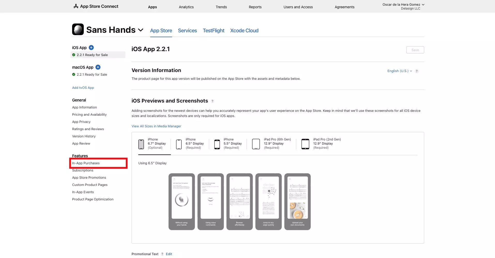 A screenshot of the Sans Hands iOS App page in App Store Connect. Highlighted on the left is the "In-App Purchases" menu tab, which is found under "Features" press it and move on to the next step.
