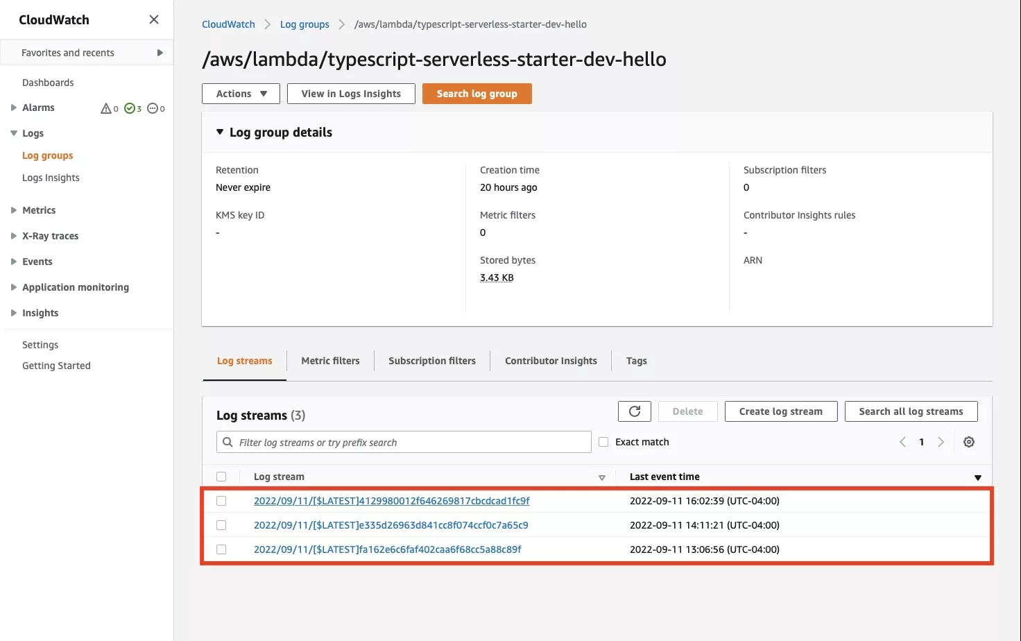 A screenshot showing you an AWS CloudWatch page for an AWS Lambda. At the bottom of a Cloudwatch page you can find a section for Logstreams, below it sits a series of logs which are separated by timestamps and events. Select one to browse the logs for your AWS Lambda function.