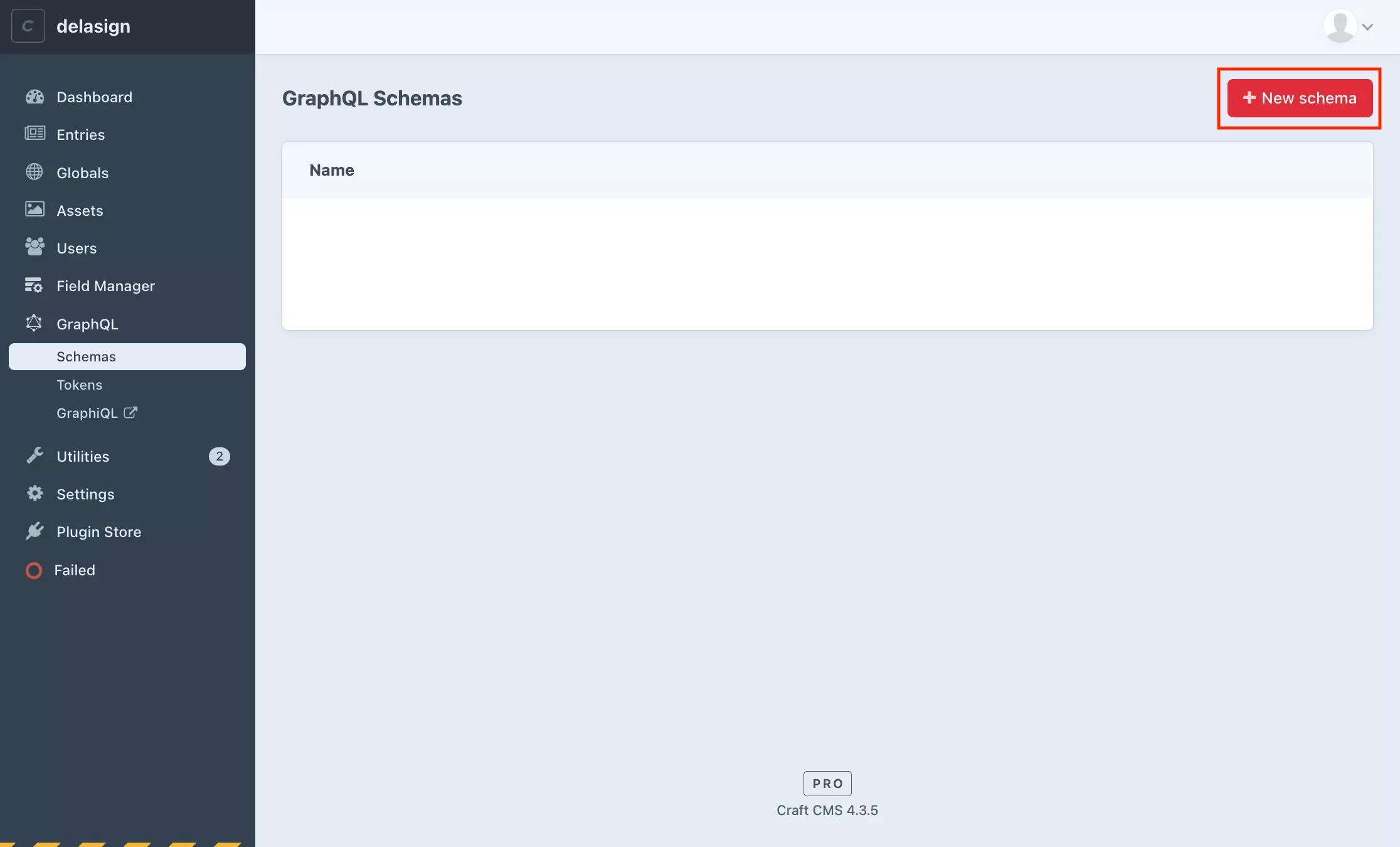 A screenshot of the Craft CMS, GraphQL Schema screen with a highlight on New Schema.