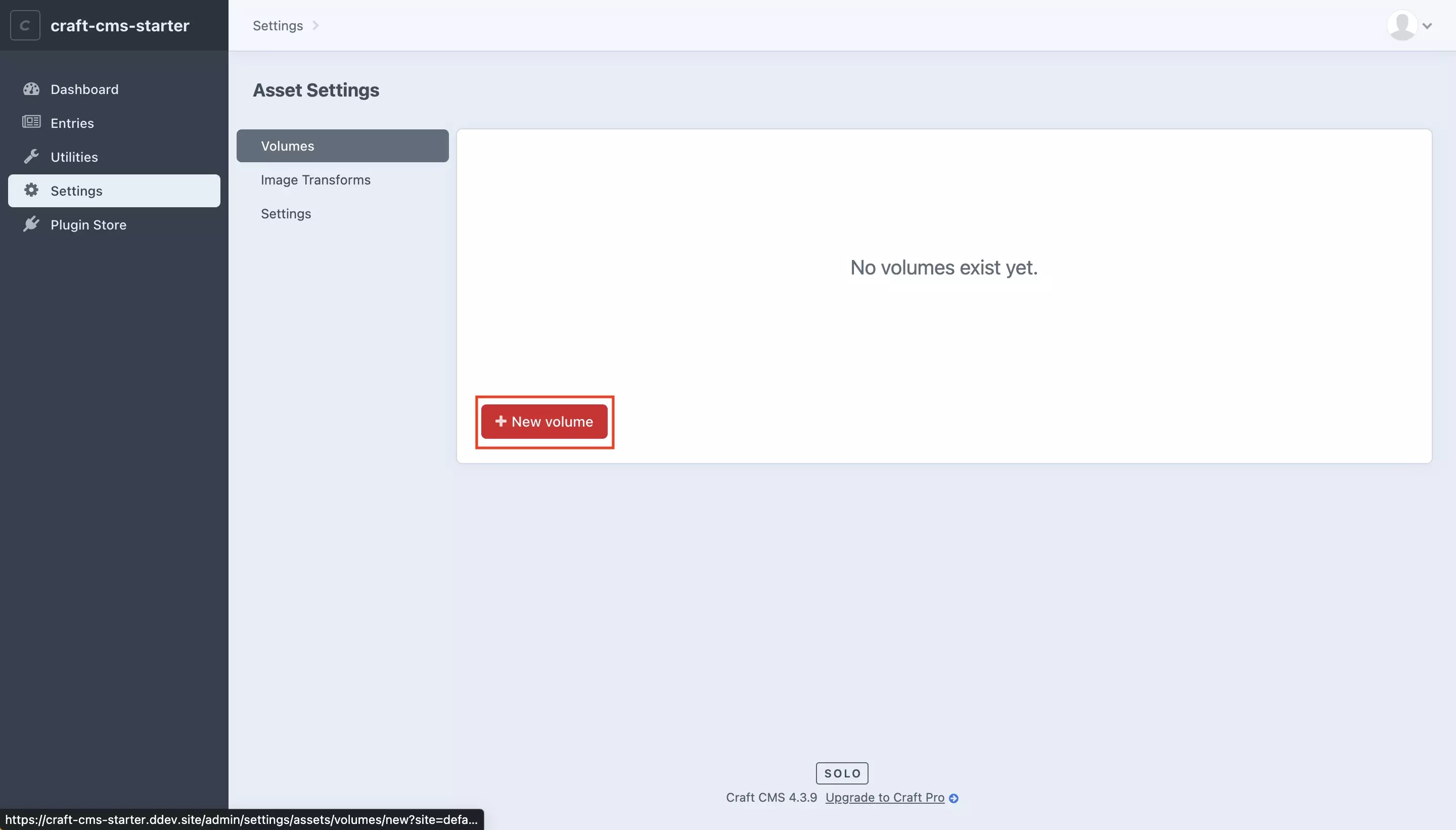 A screenshot of the Assets Settings Craft CMS page. Highlighted is the + New Volume button. Press it and move on to the next step.
