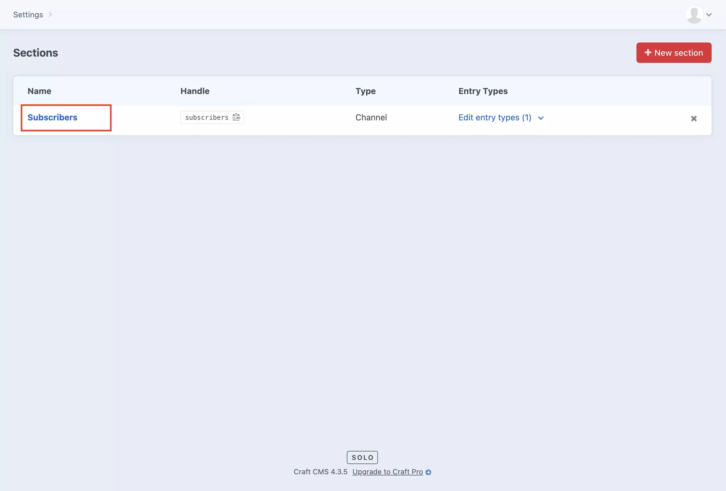 A screenshot of the Section Craft CMS screen with a highlight on our subscribers section.