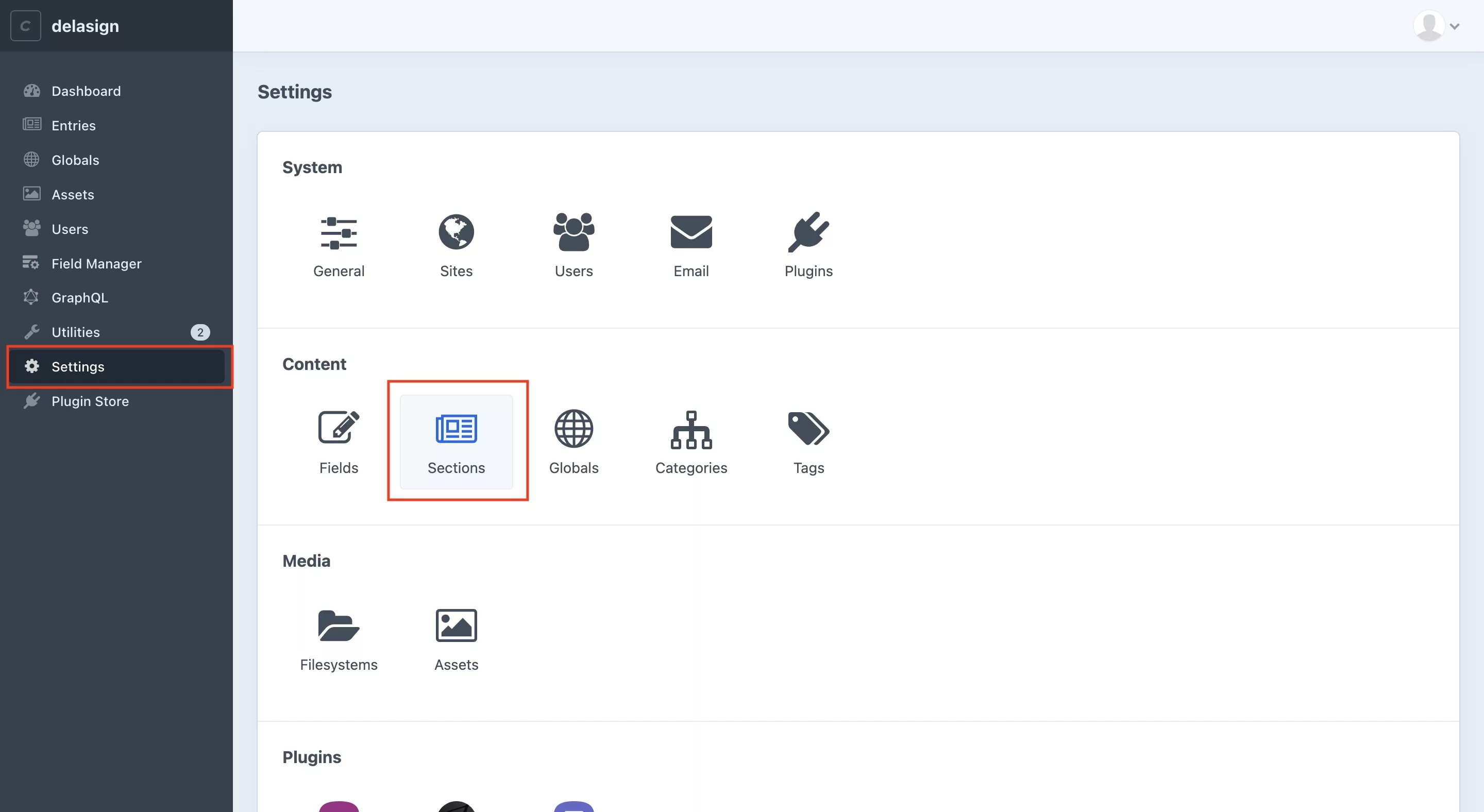 A screenshot of Craft CMS showing you how to navigate to sections in the settings page.