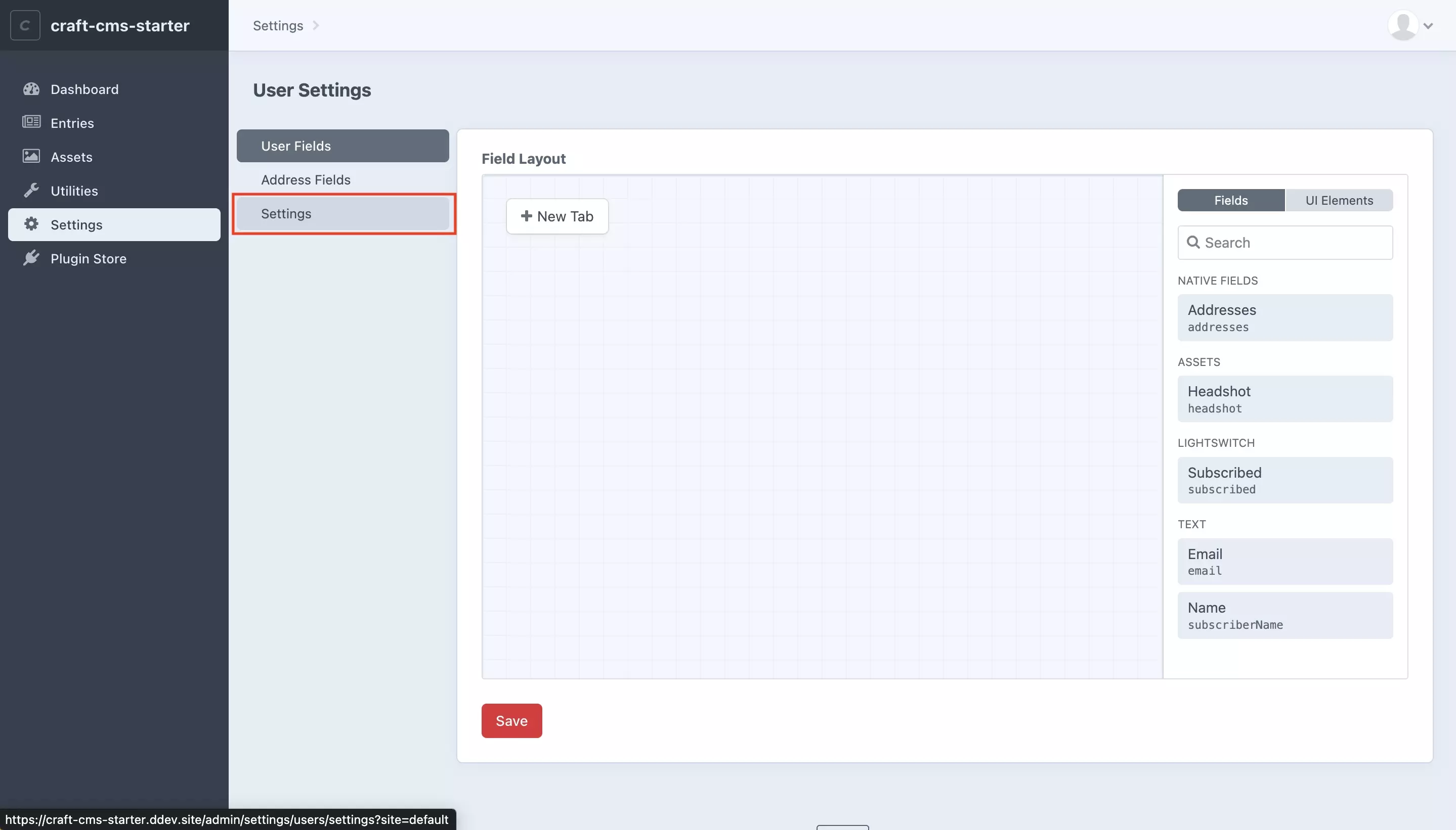 A screenshot of the Craft CMS User Settings page, highlighted is the Settings tab. Press it and move on to the next step.