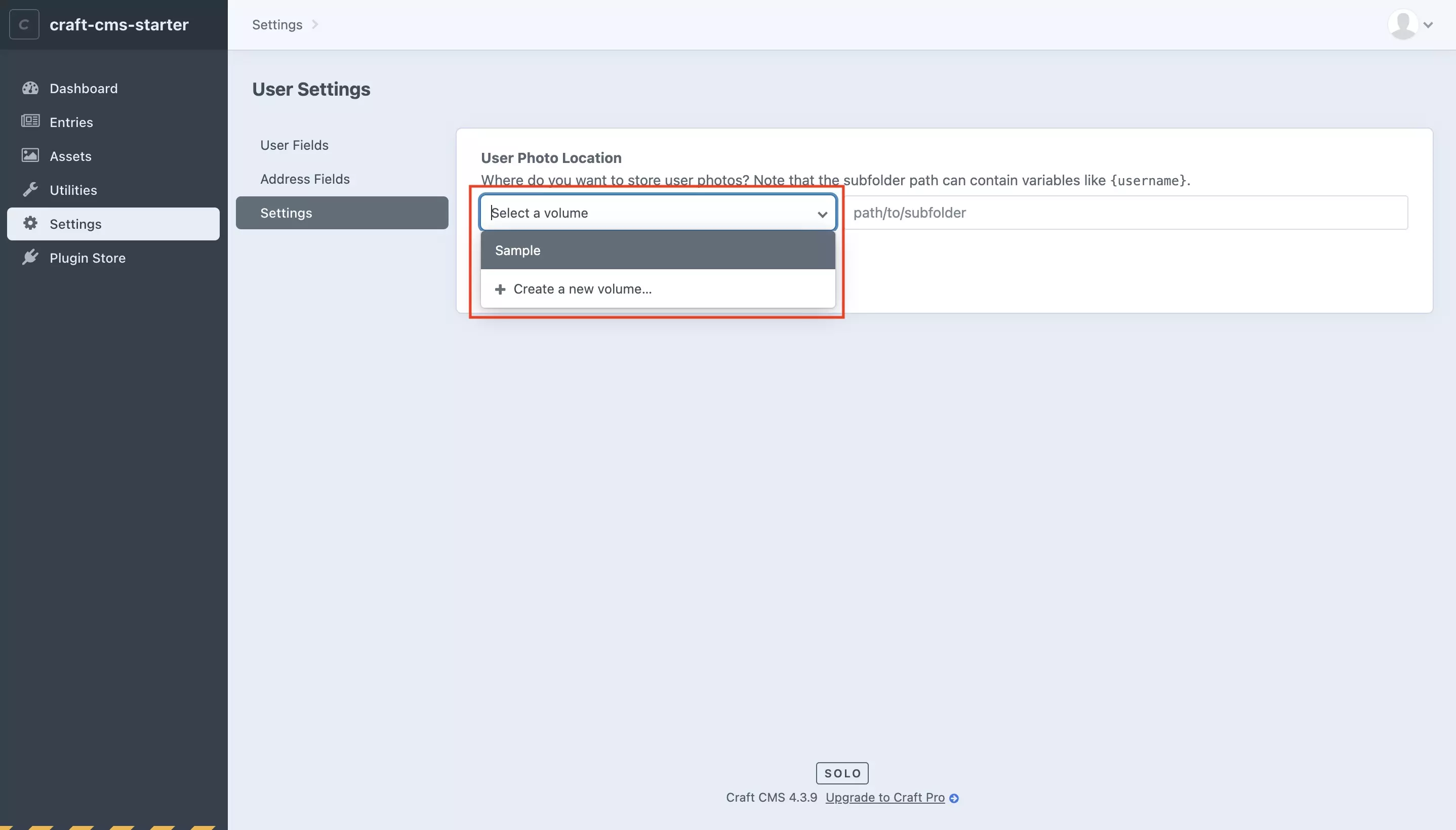 A screenshot of the Craft CMS User Settings, Settings Page. Highlighted is the Select a volume dropdown showing the Sample volume that we created. Select the volume you wish to upload user photos to and move on to the next step.