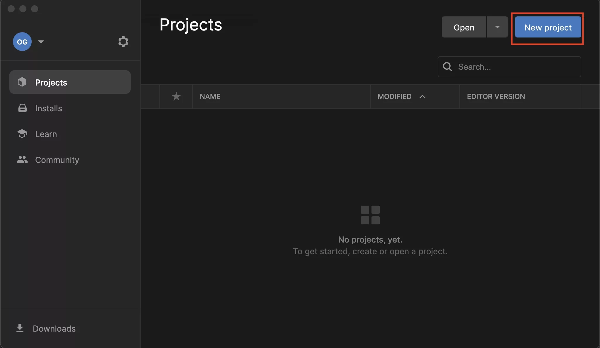 A screenshot of the Unity Hub with a highlight on the button that you need to press to create a new project.