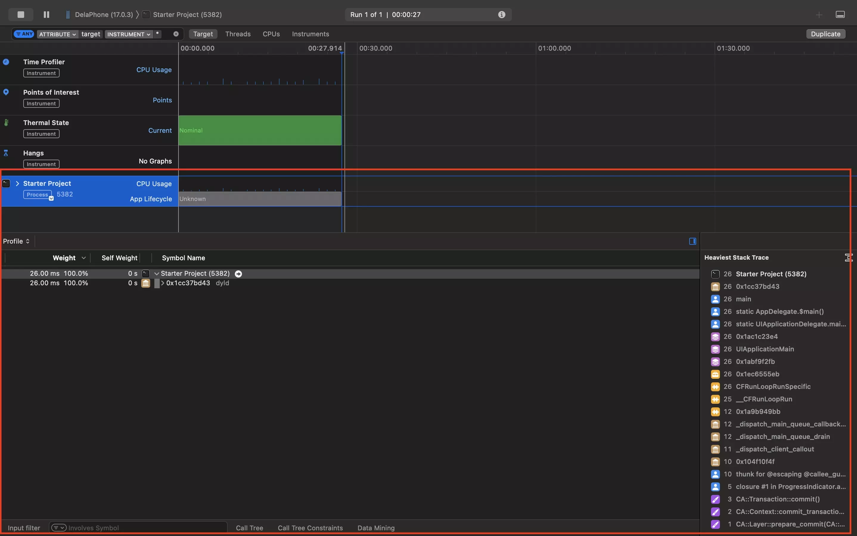 A screenshot of Instruments highlighting the CPU usage bar and the stack trace that appears beneath it.