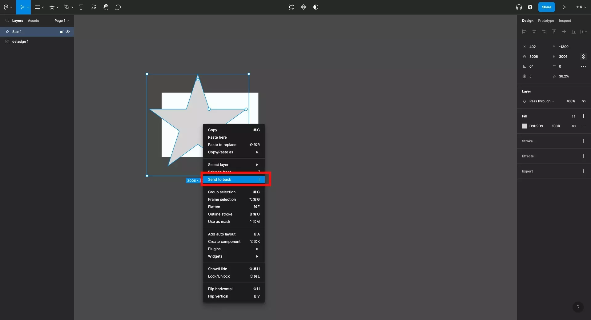 A screenshot of Figma with the Star selected and a highlight being drawn on "Send to Back" on the pop up menu that appears when you right click the star.