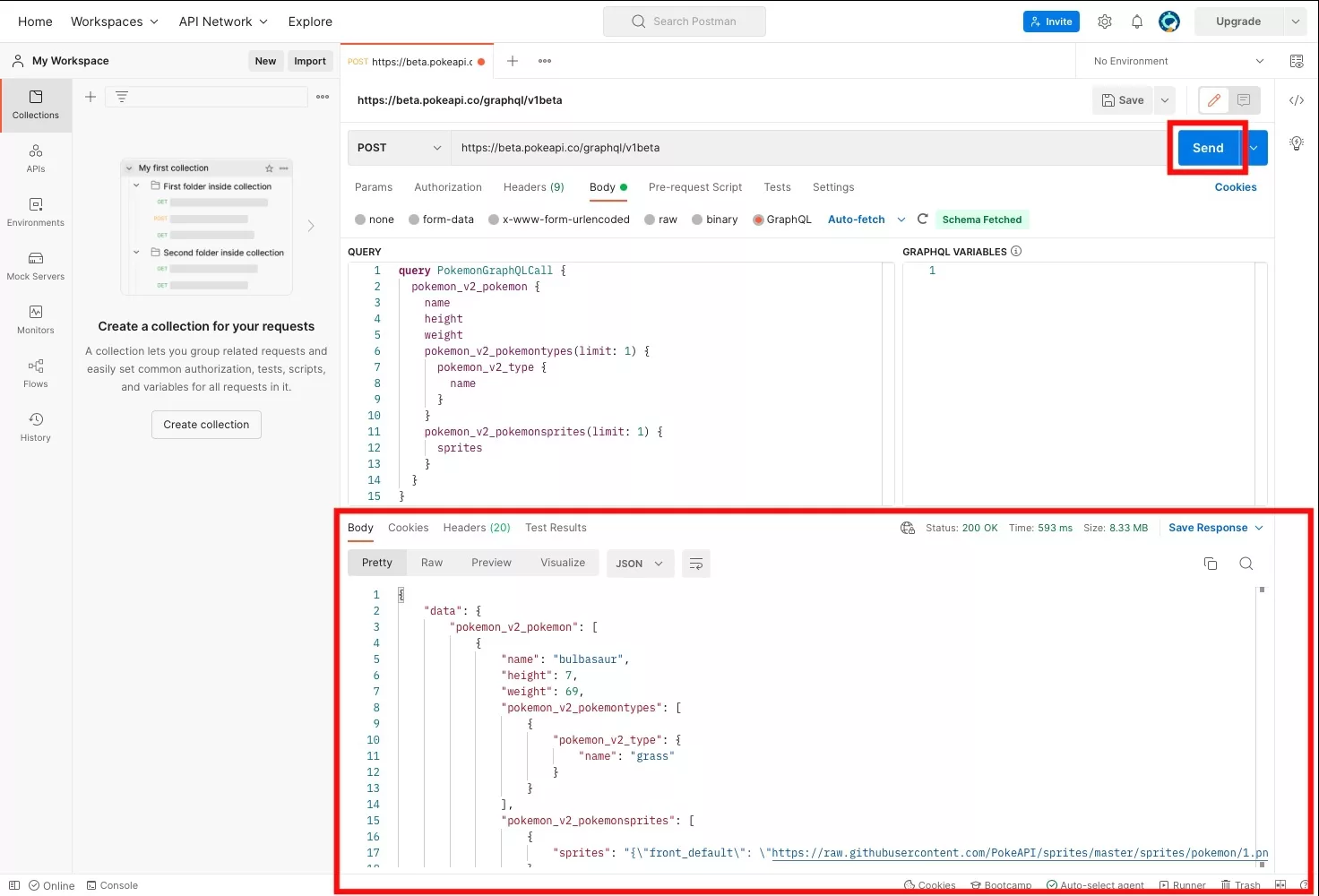 A screenshot showing you how to send an API call in Postman and where the results are found.