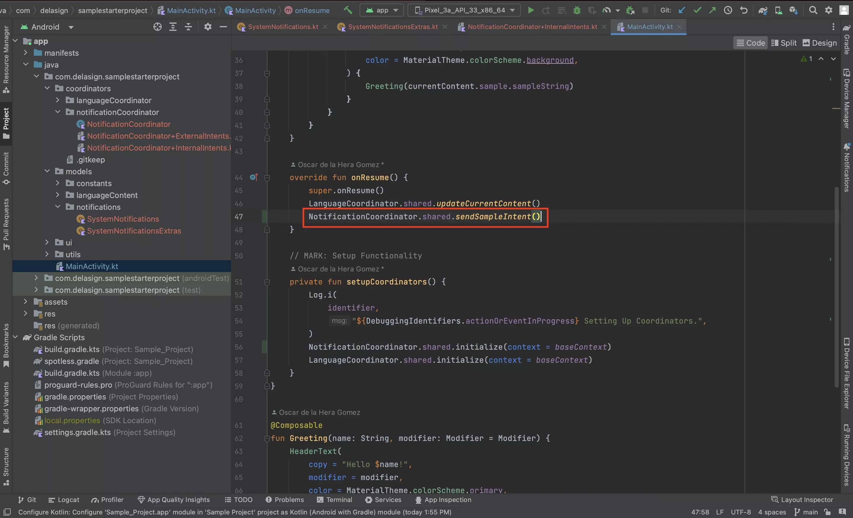 A screenshot of Android Studio showing the MainActivity sending an Intent that we declared in this tutorial in the onResume function.