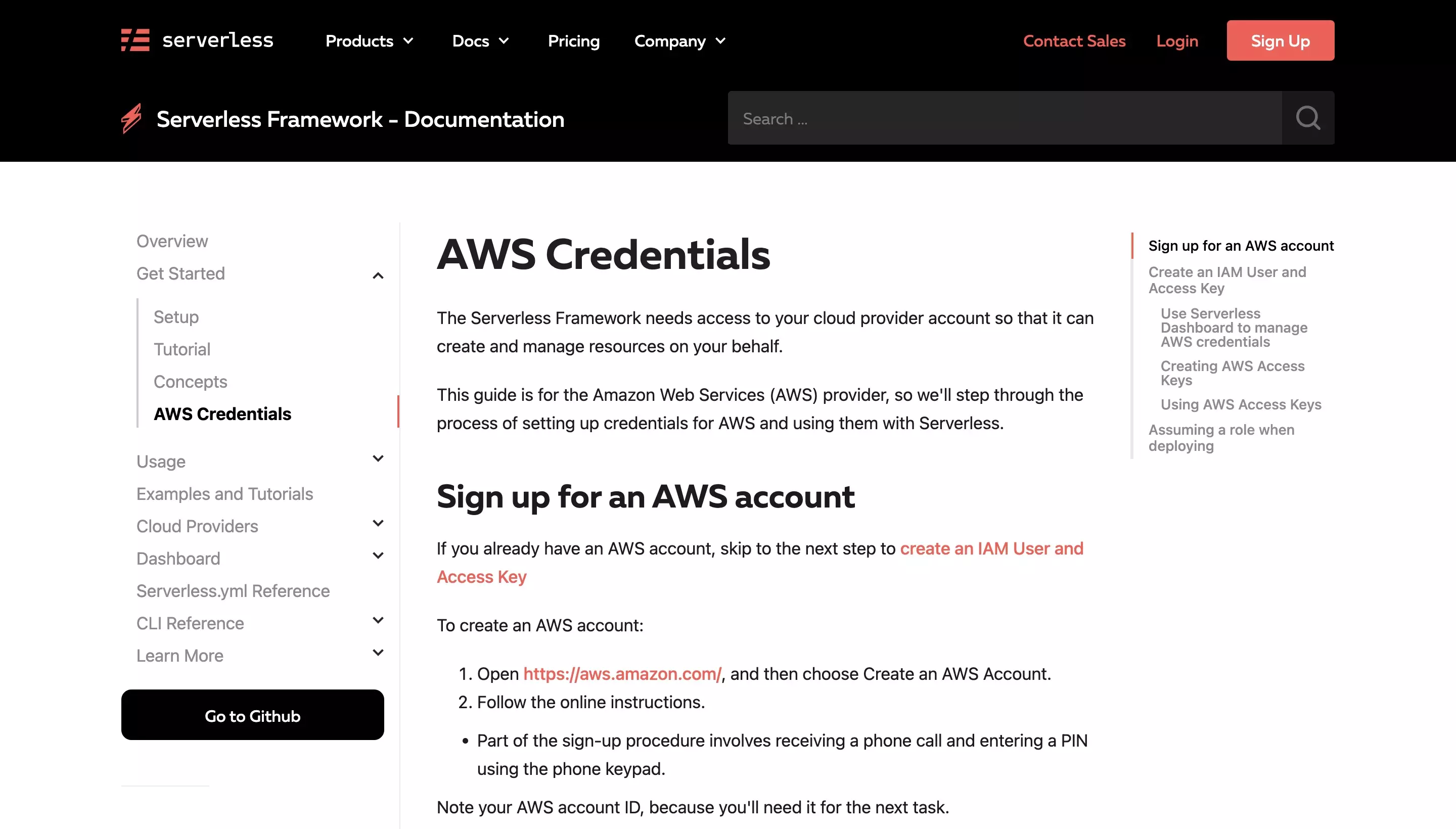 A screenshot of the Serverless AWS Configuration documentation. A link to this documentation is provided below.