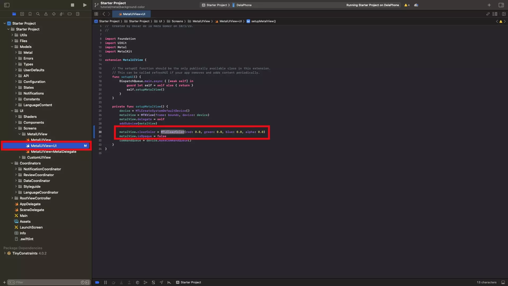 A screenshot of Xcode highlighting how we have set the MTKView is isOpaque property to false and its clear color property to an MTKClearColor.