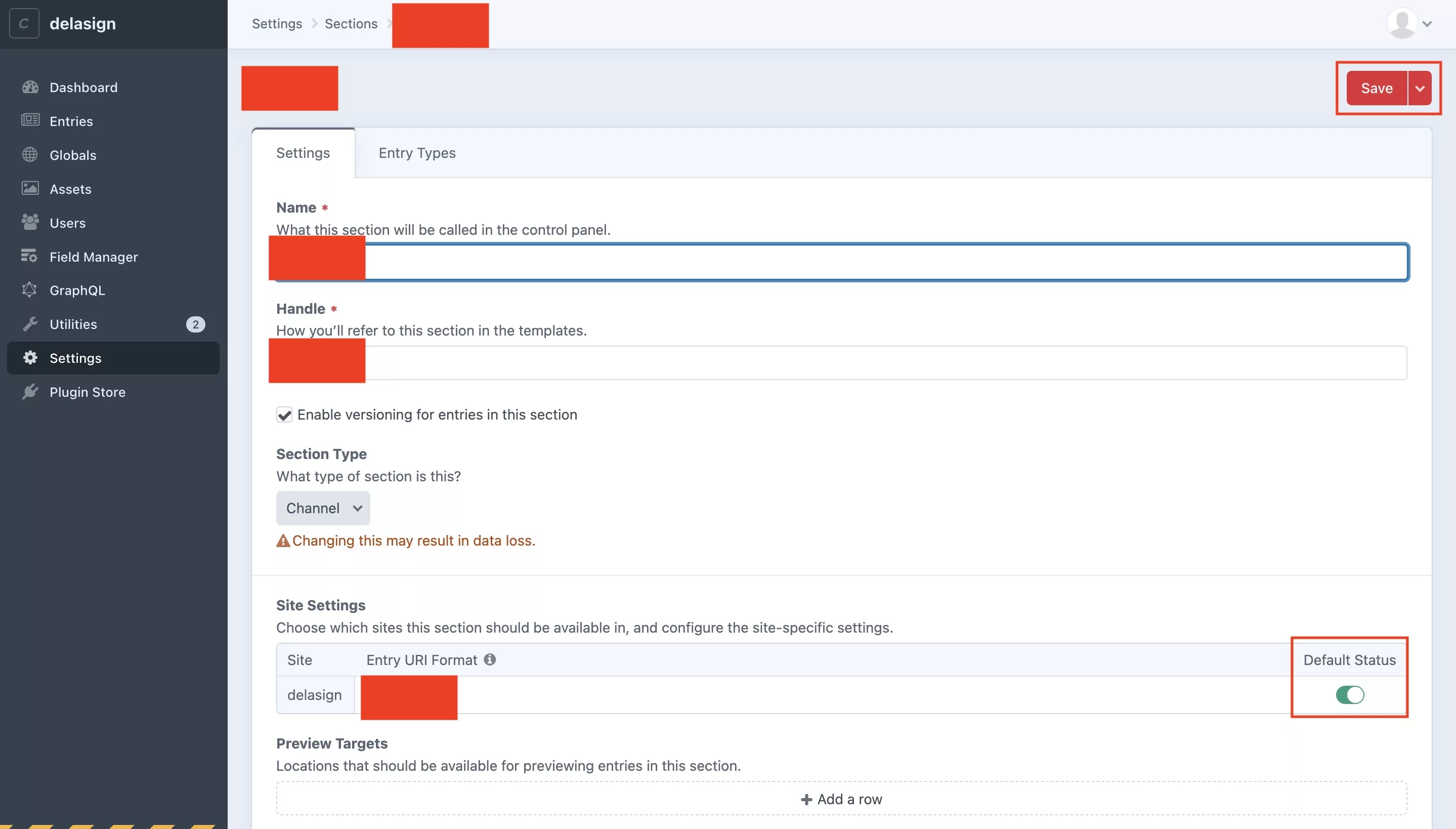 A screenshot showing you a sample section page with a highlight on the default status flip switch and the save button. Turn the flip switch on for sections to be enabled by default.