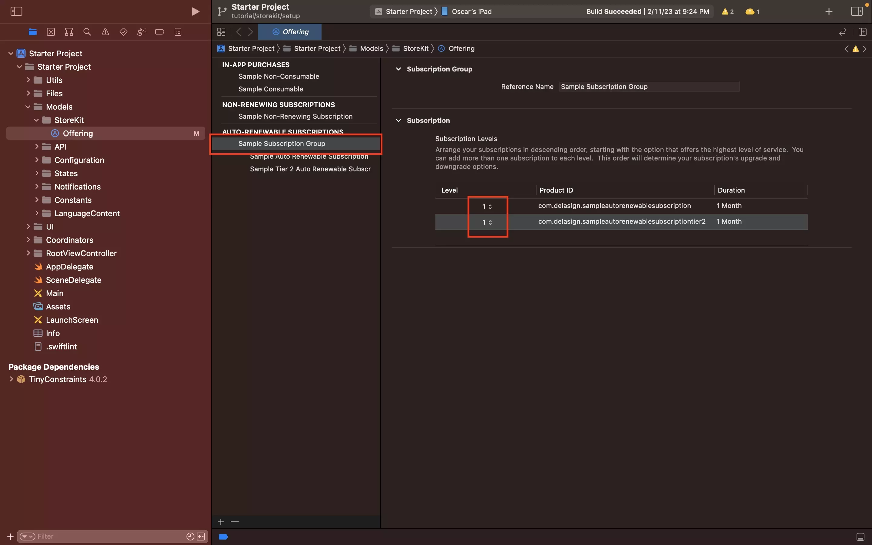 A screenshot of a Subscription Group selected in a local StoreKit Configuration File in Xcode. Highlighted are the numbers under "Level" that allow you to set the Subscription level.