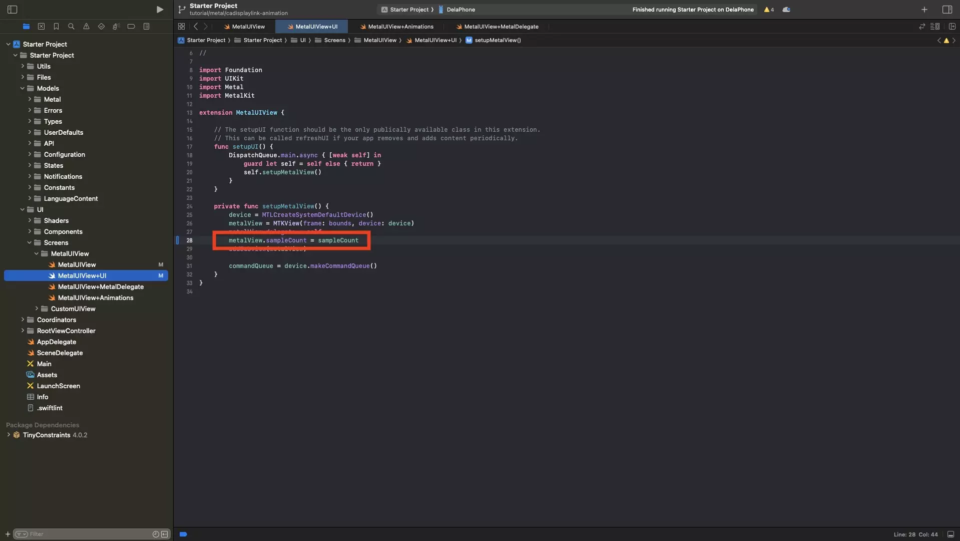 A screenshot of Xcode showing the MetalUIView+Setup.swift file. We have highlighted how we have set the sampleCount of the MTKView to the variable declared in Step One.
