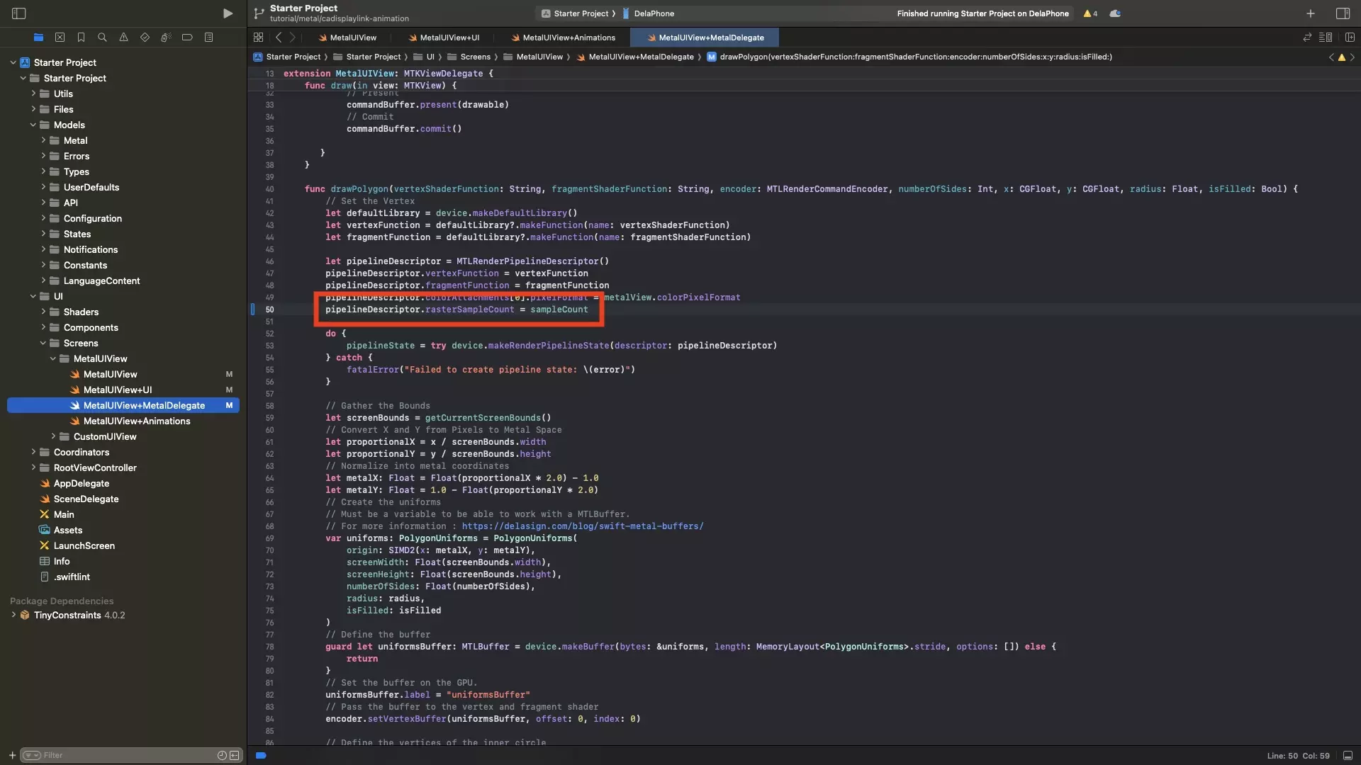 A screenshot of Xcode showing the MetalUIView+MetalDelegate.swift file. We have highlighted how we have set the rasterSampleCount of the pipeline descriptor to the variable declared in step one.
