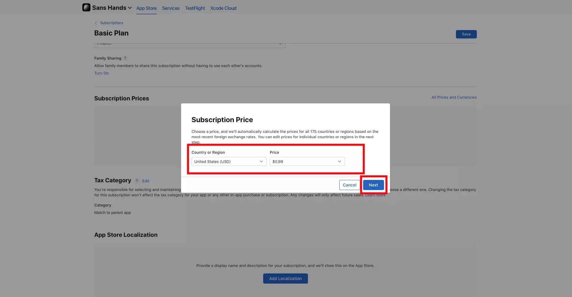 A screenshot of the App Store Connect Subscription Page, Subscription Price modal. Highlighted is the area where you must set the Country or Region as well as the Price. We have also highlighted the Next button on the bottom right of the modal.
