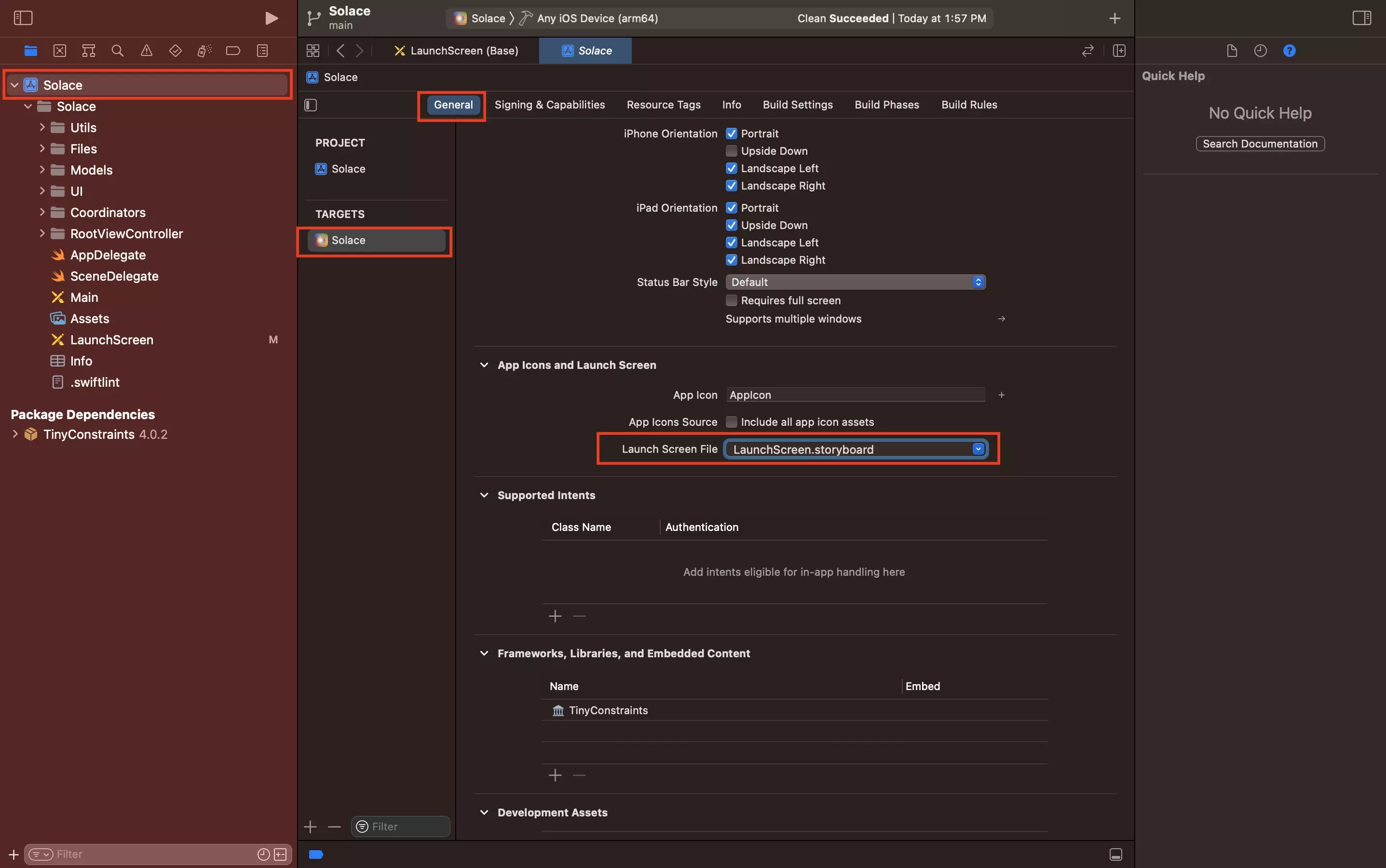 A screenshot of Xcode showing the project settings window. The general tab has been selected as has the only target within the app. Under the "App Icons and Launch Screen" section, we have highlighted the "Launch Screen File" which has been set to "LaunchScreen.storyboard."