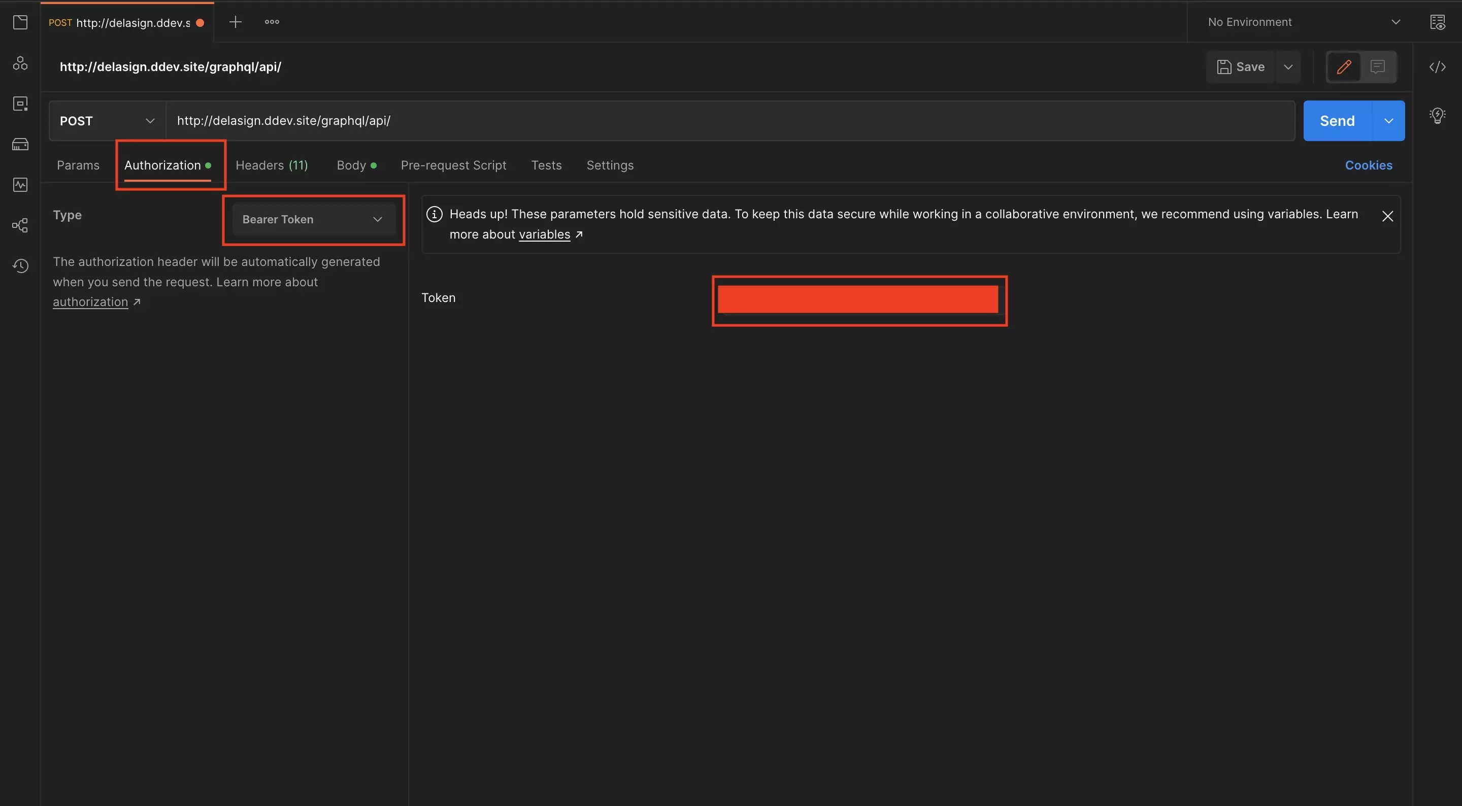 A screenshot of Postman showing how to setup the authorization bearer token. Highlighted are the "Authorization" tab, the Type dropdown with the type set to "Bearer Token" and the Token input box.