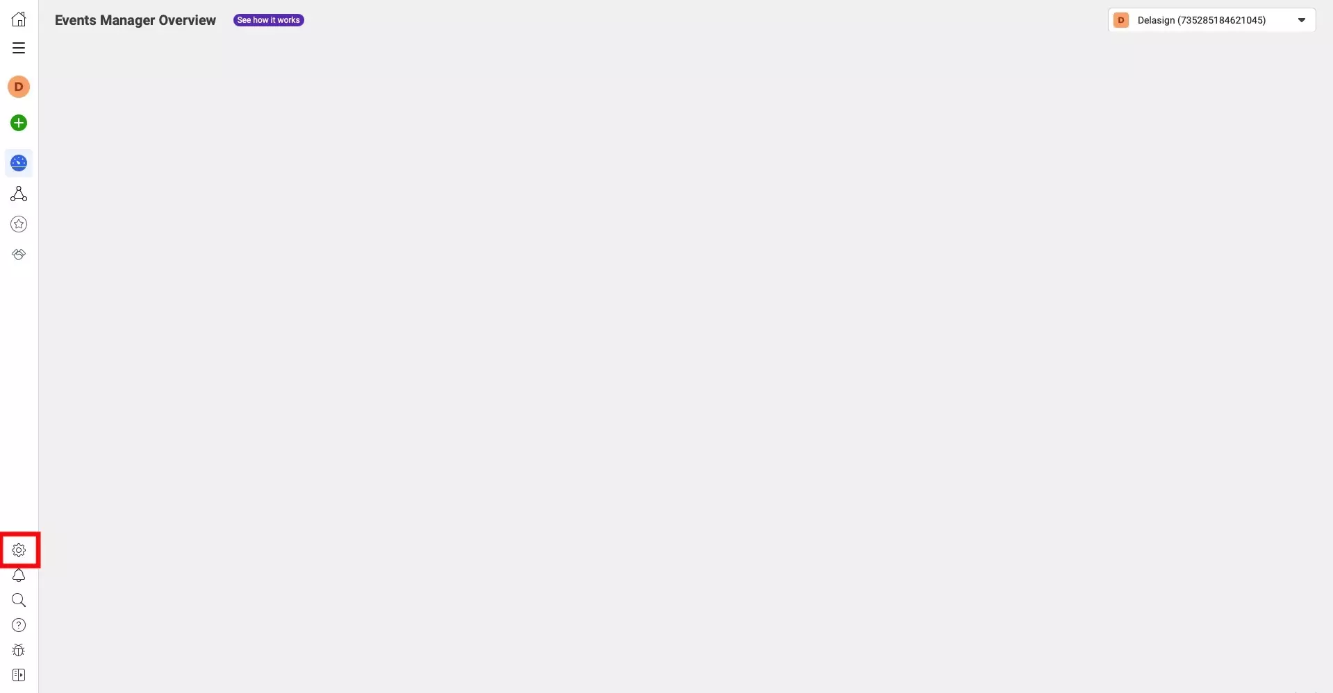 A screenshot of the Overview page of the Facebook Business Events Manager with a highlight on the gear on the bottom left which opens the business settings.