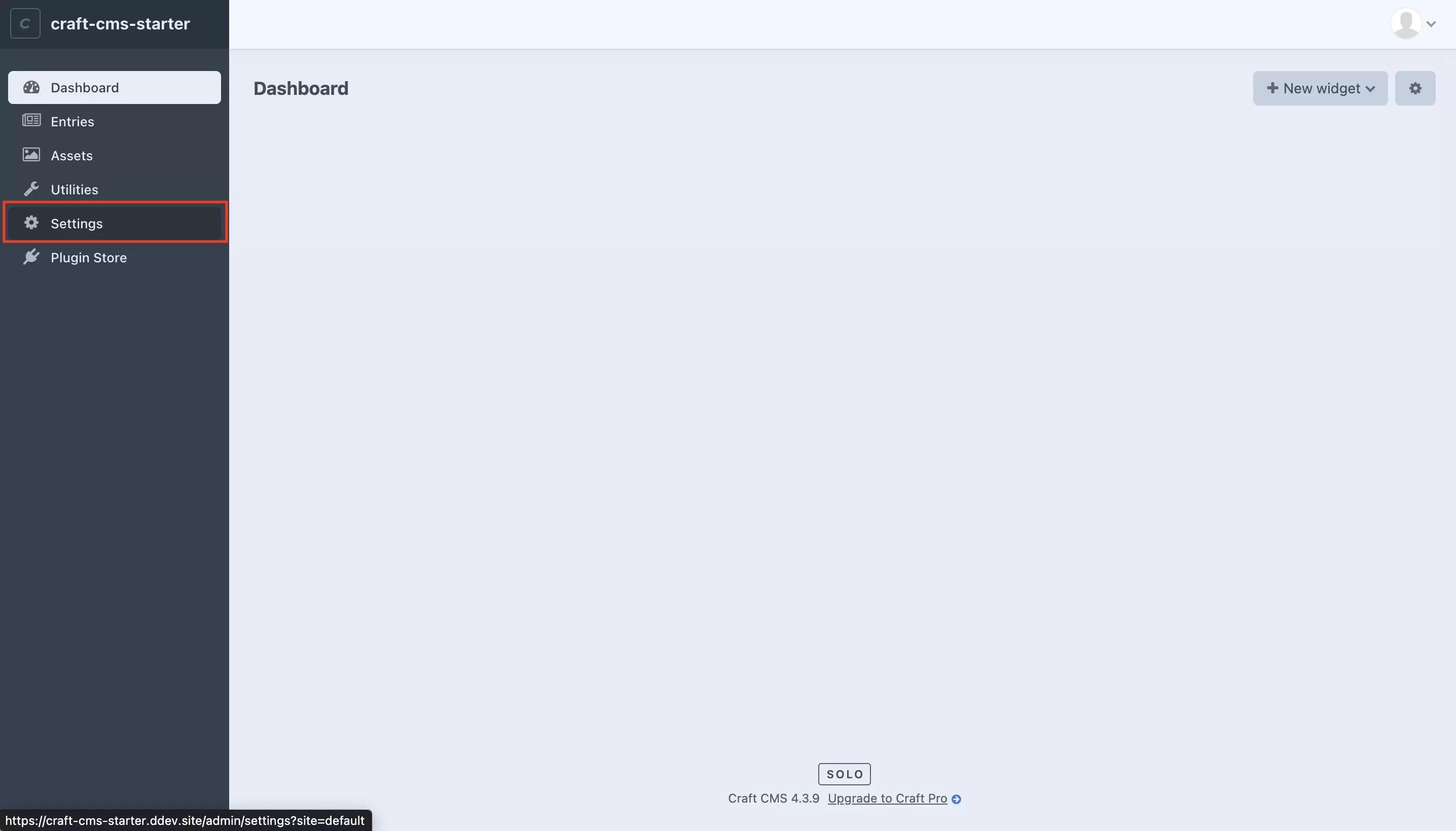 A screenshot of Craft CMS with a highlight on the Settings tab on the left menu side bar. Press it and move on to the next step.